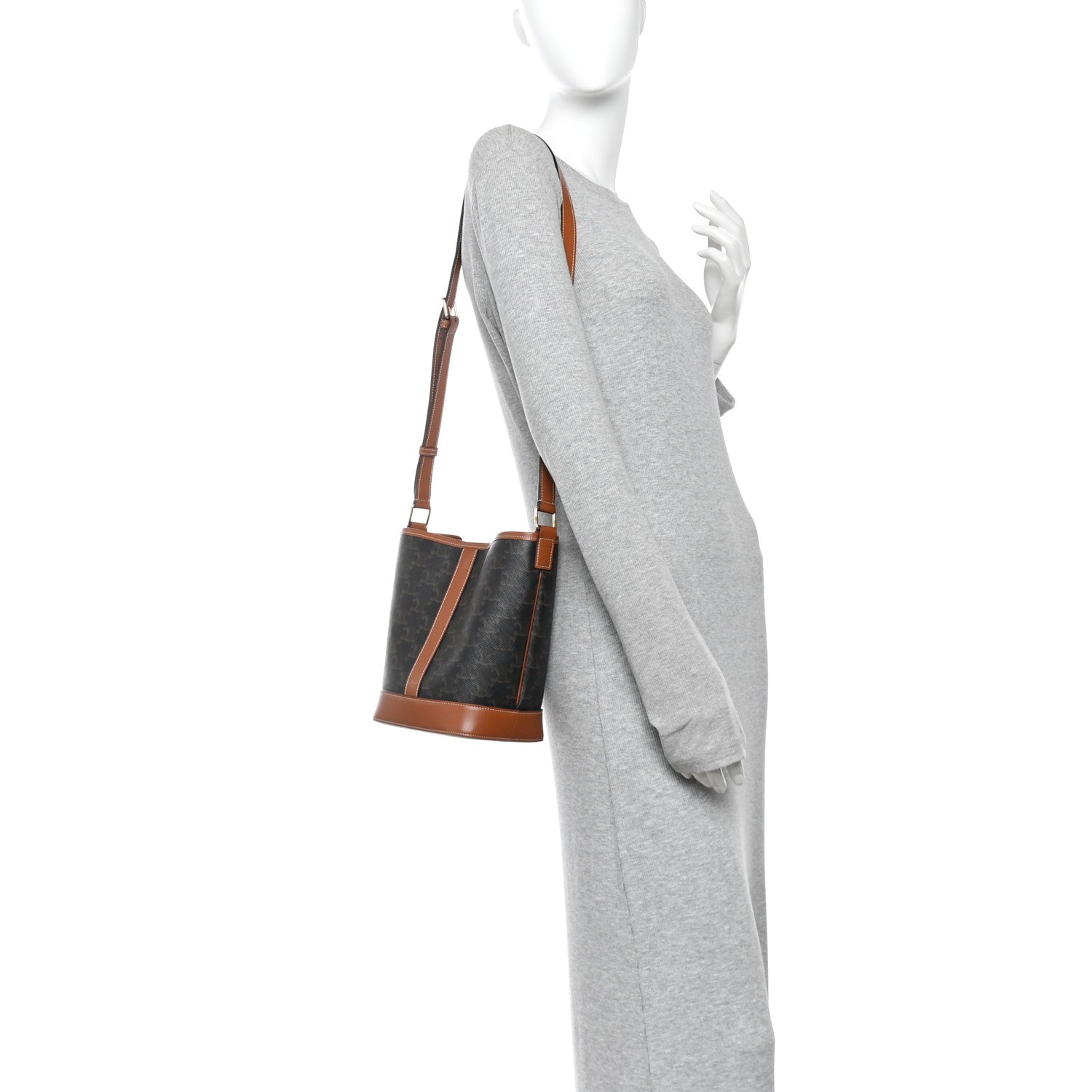 Triomphe Canvas Calfskin Small Bucket Bag Tan