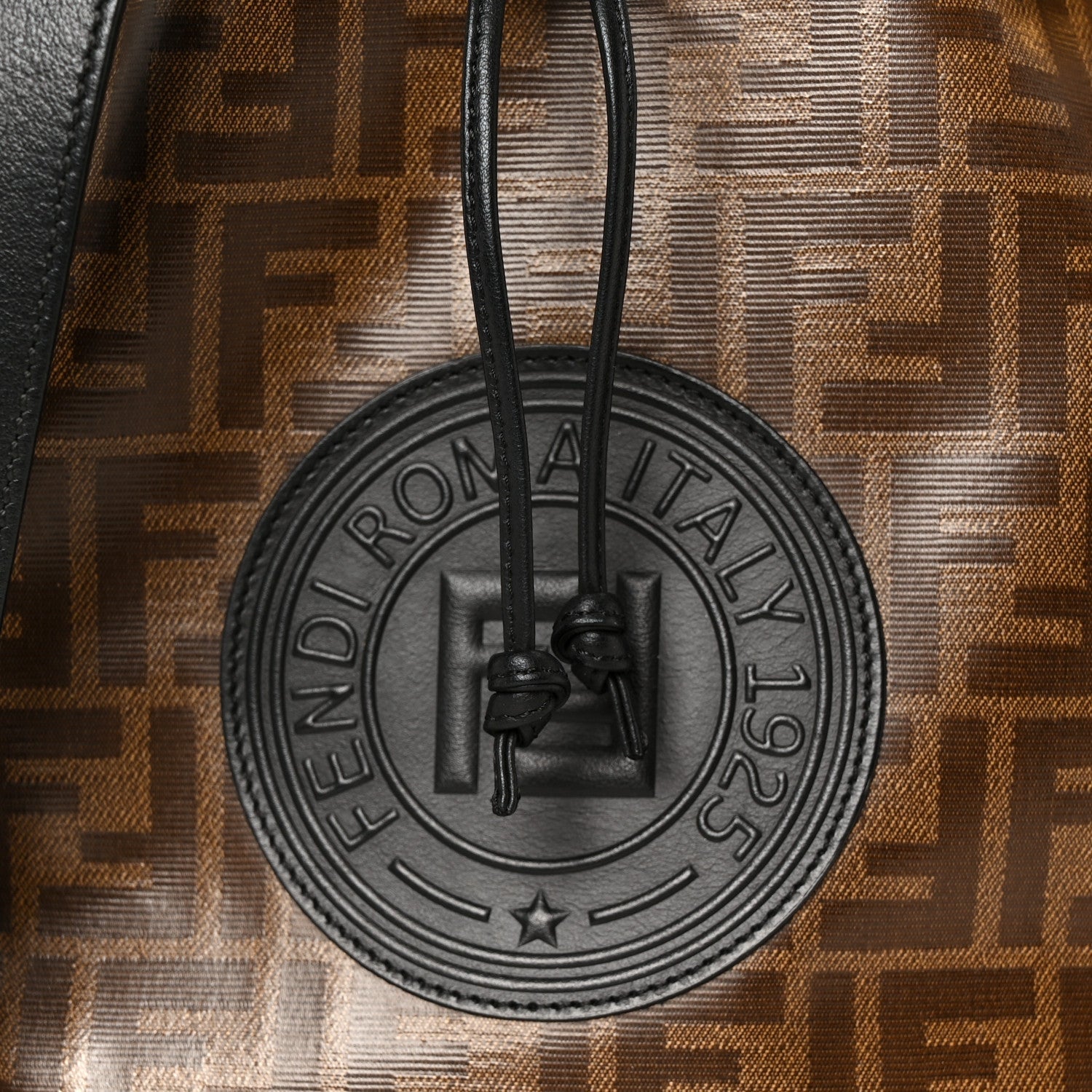 Glazed Fabric Vitello Grace F is Fendi FF 1974 Stamp Patch Grande Mon Tresor Bucket Bag Mogano Panna Black
