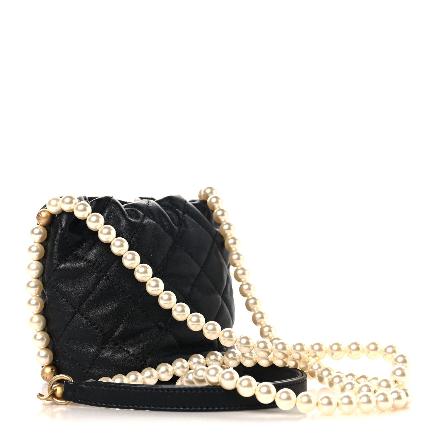 Calfskin Quilted Pearl Mini About Pearls Drawstring Bucket Bag Black