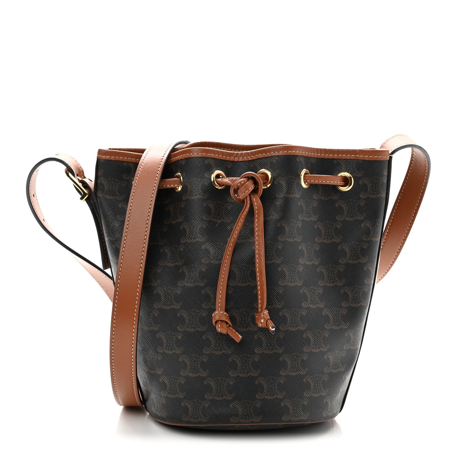 Triomphe Canvas Calfskin Small Drawstring Bucket Bag Tan
