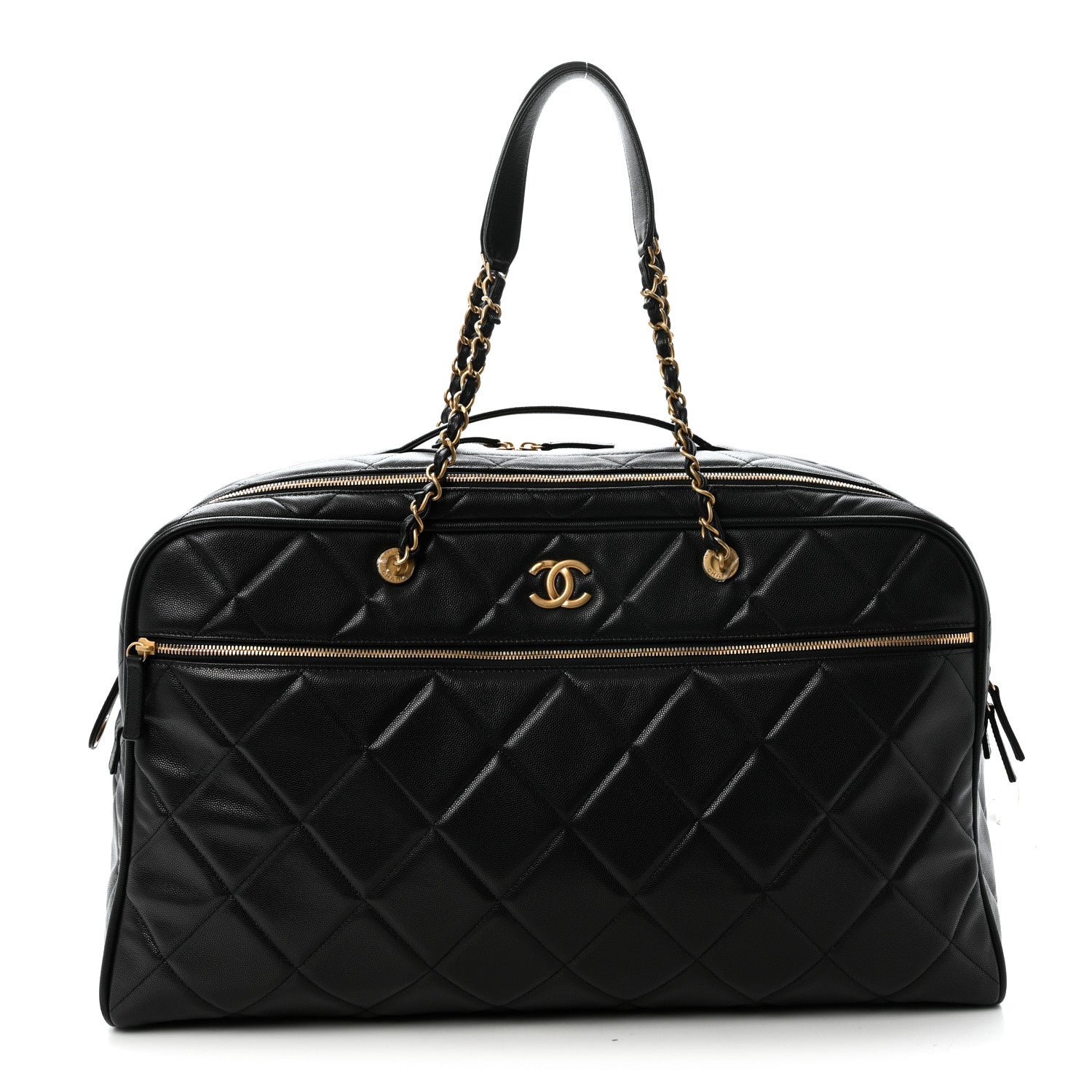 Shiny Grained Calfskin Quilted Large Travel Bowling Bag Black