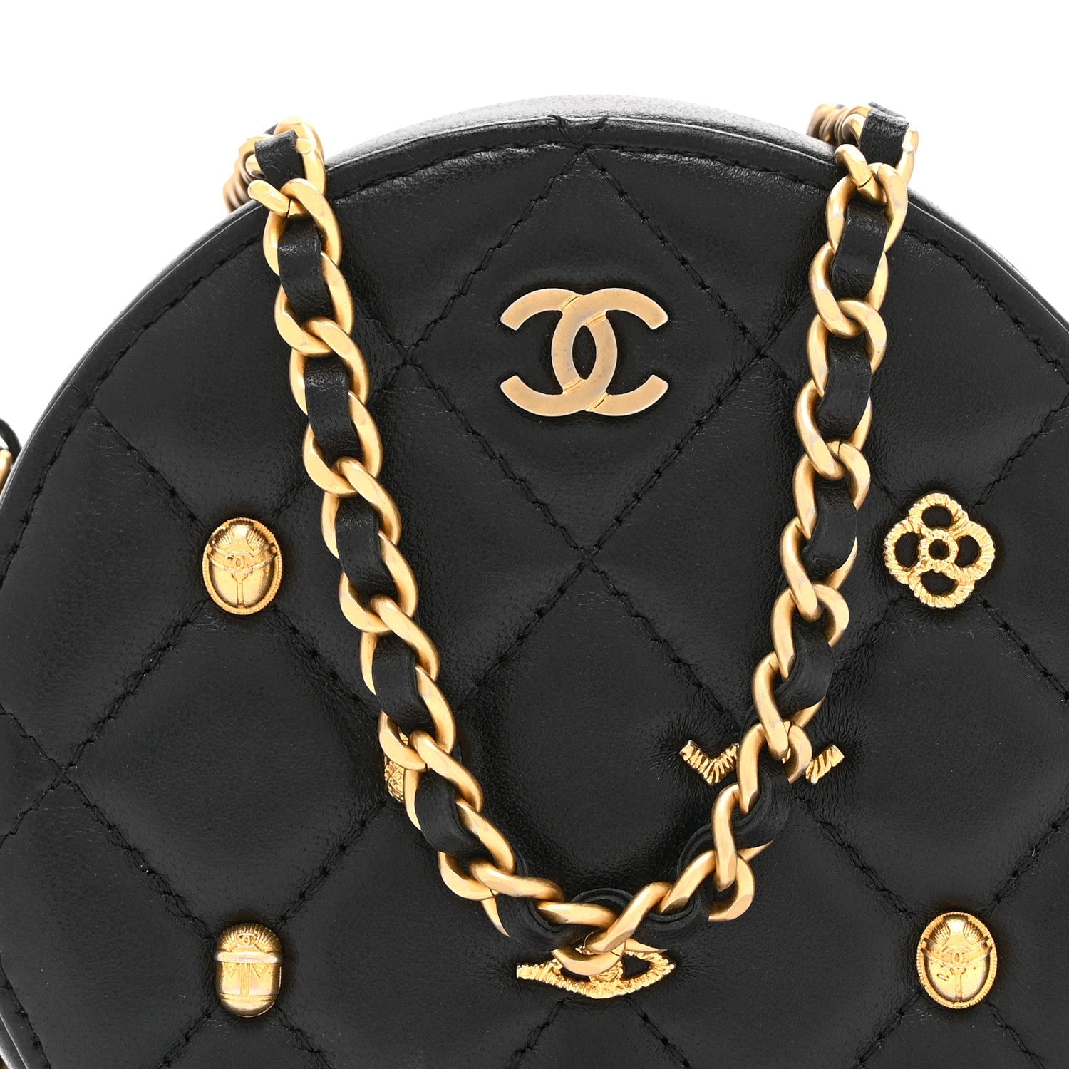 Lambskin Quilted Egyptian Amulet Round Clutch With Chain Black