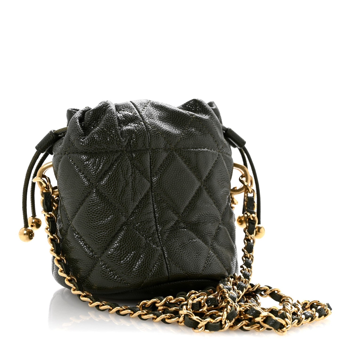 Caviar Quilted Coco First Bucket Clutch With Chain Khaki