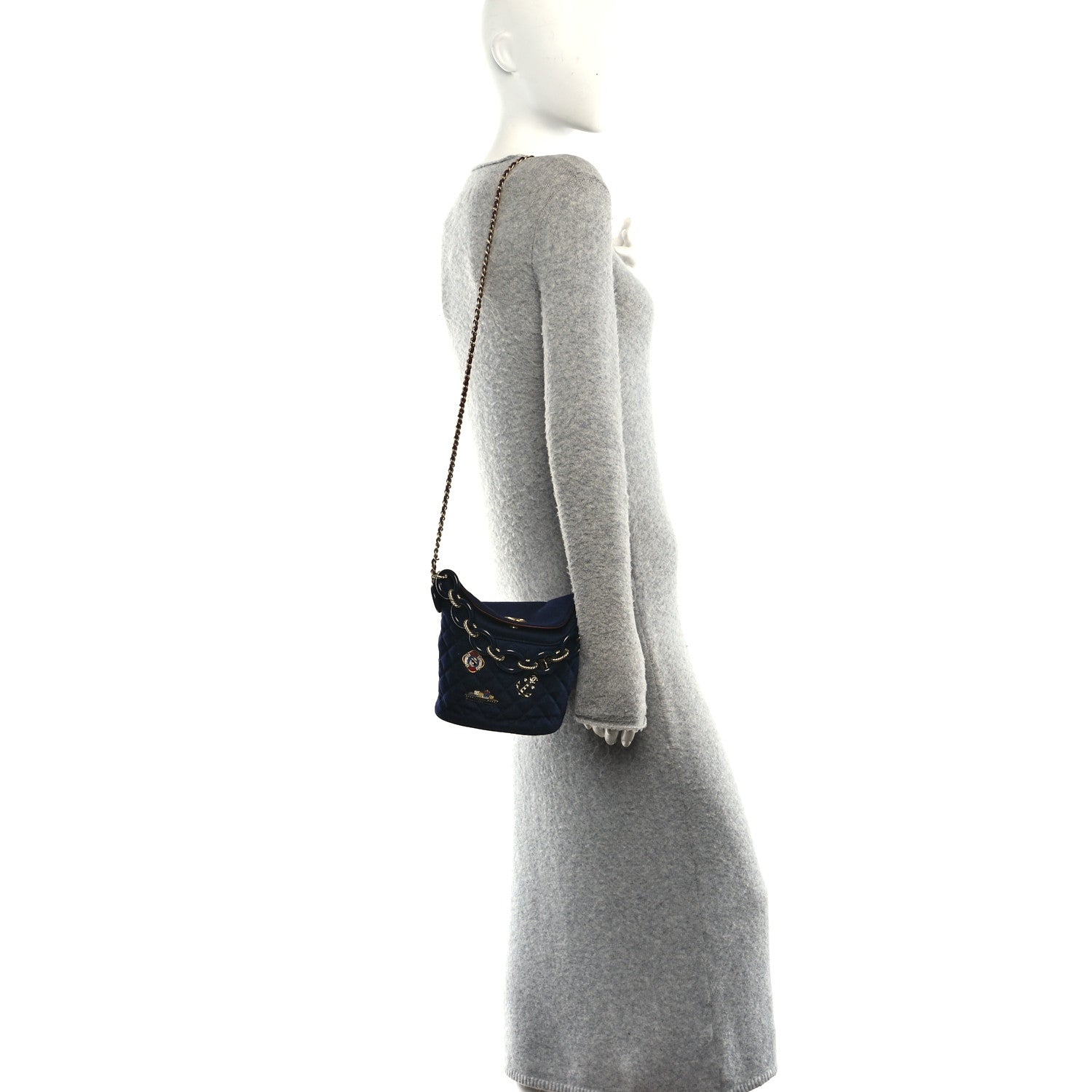 Wool Lambskin Quilted Paris Hamburg Charms Bucket Bag Dark Navy