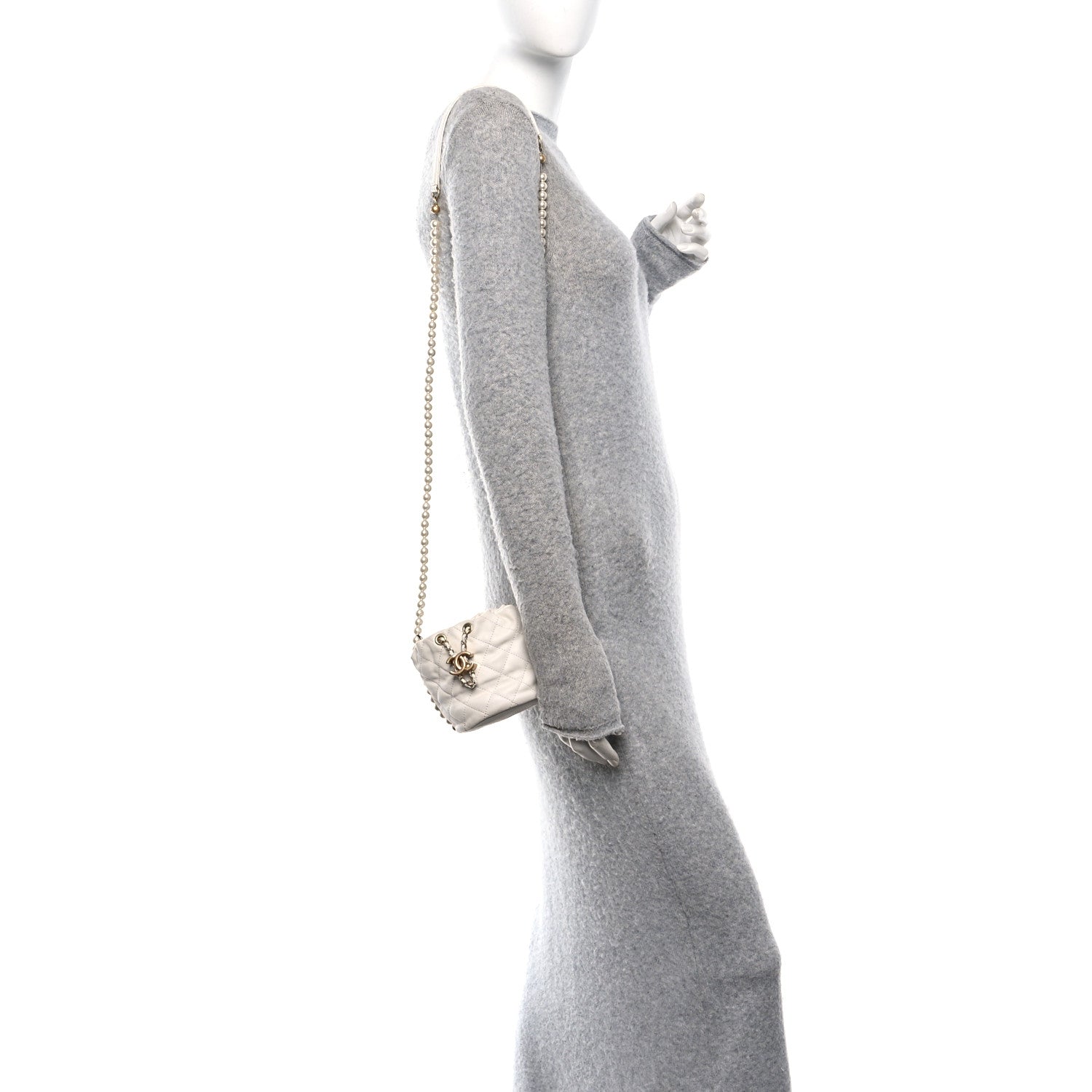 Calfskin Quilted Pearl Mini About Pearls Drawstring Bucket Bag White