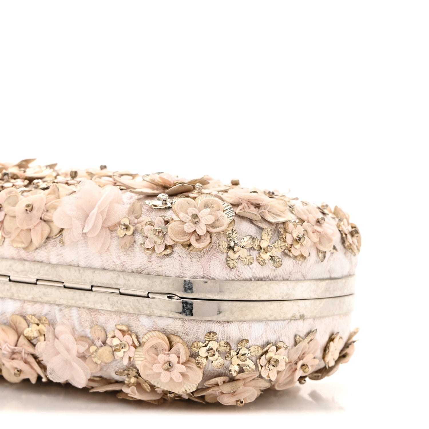 Flower Appliqued Silk Brocade Skull Box Clutch Light Pink