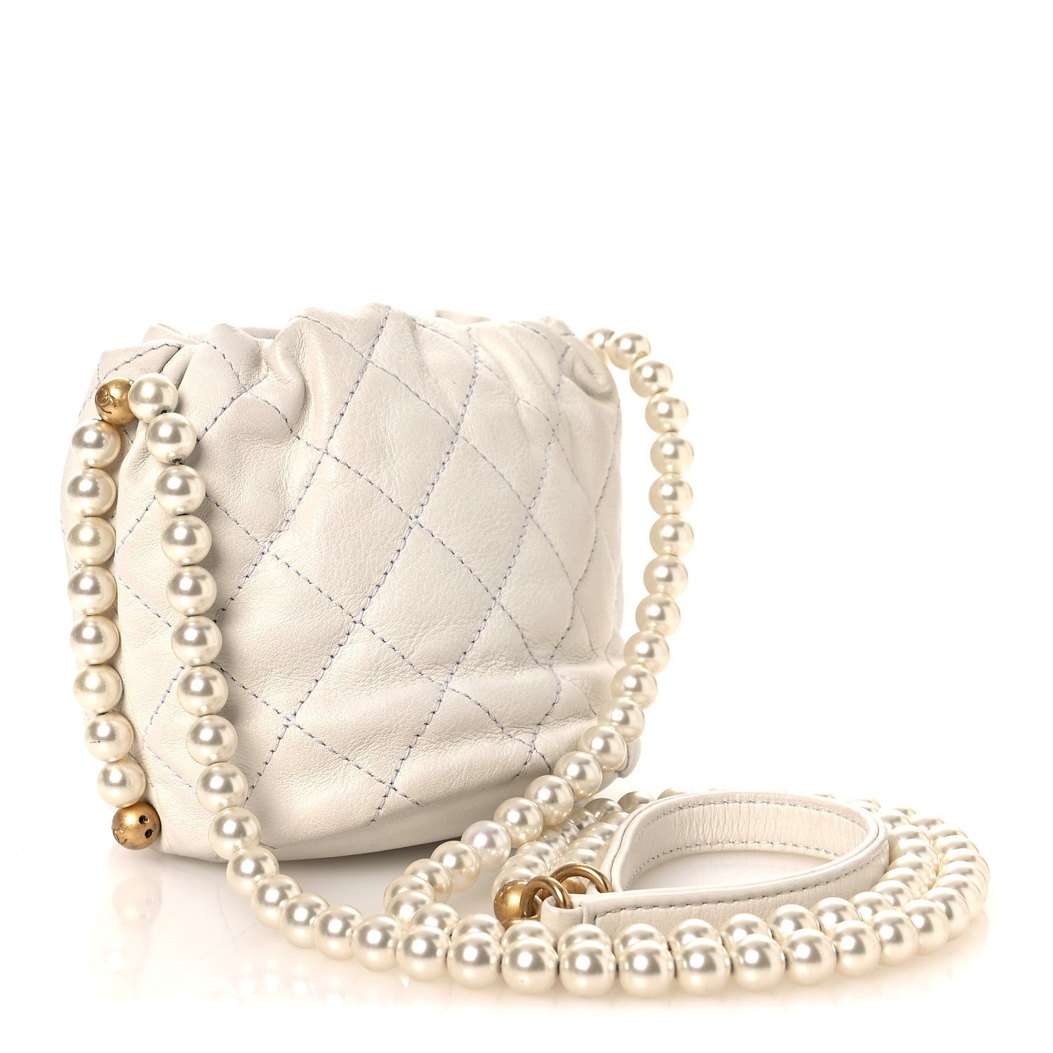 Calfskin Quilted Pearl Mini About Pearls Drawstring Bucket Bag White