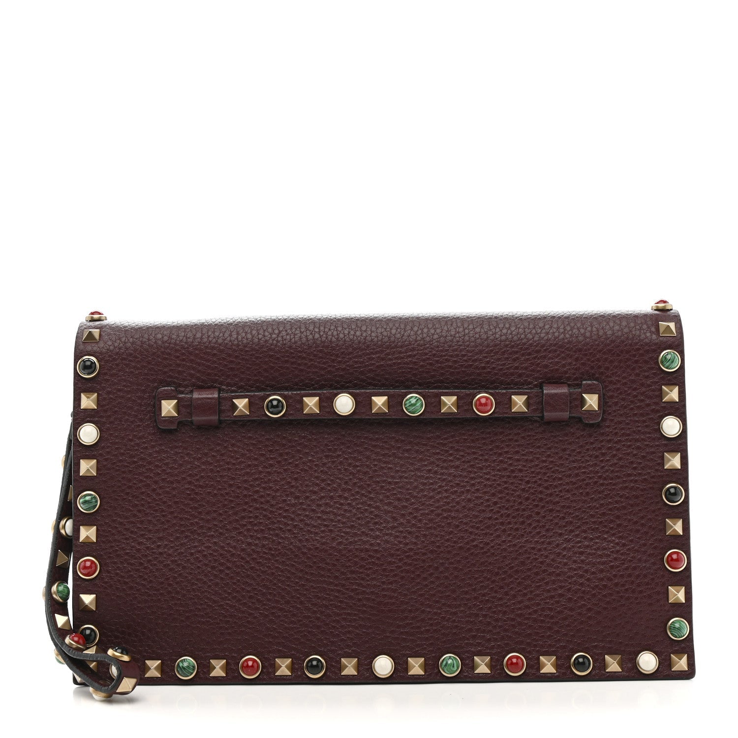 Pebbled Calfskin Rockstud Rolling Wristlet Clutch Rubin