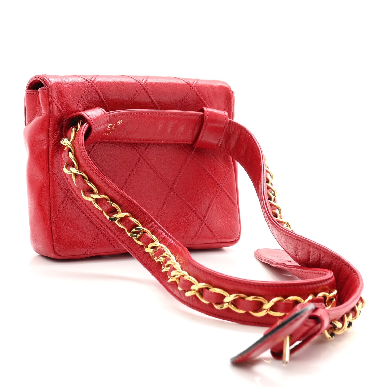 Lambskin Diamond Stitched Waist Chain Belt Flap Bag 75 30 Red
