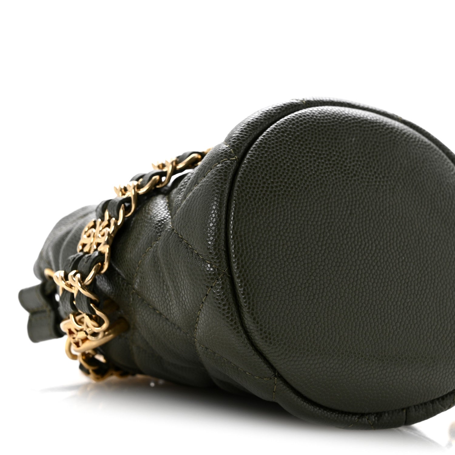 Caviar Quilted Coco First Bucket Clutch With Chain Khaki
