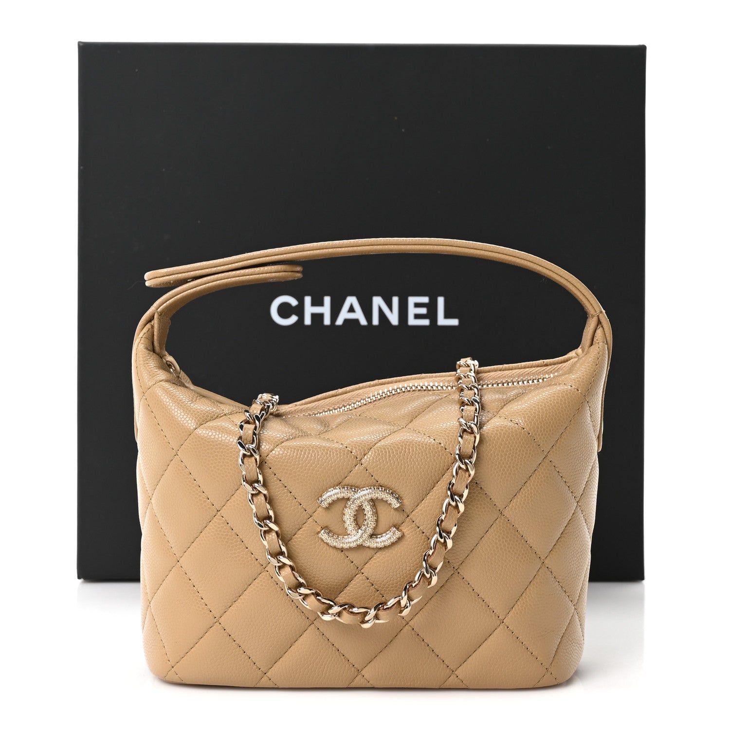Caviar Quilted Hobo Clutch With Chain Dark Beige