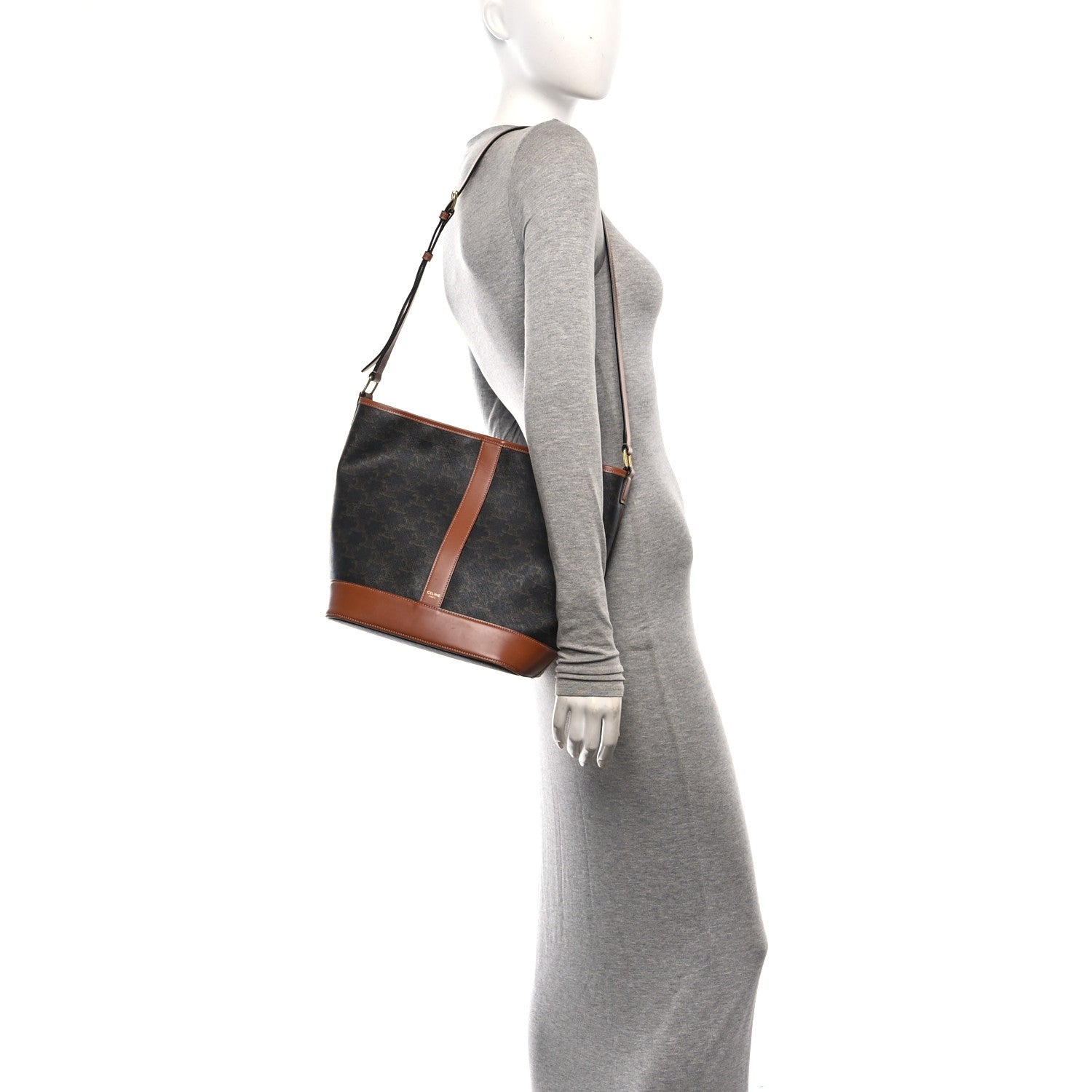 Triomphe Canvas Calfskin Medium Bucket Bag Tan