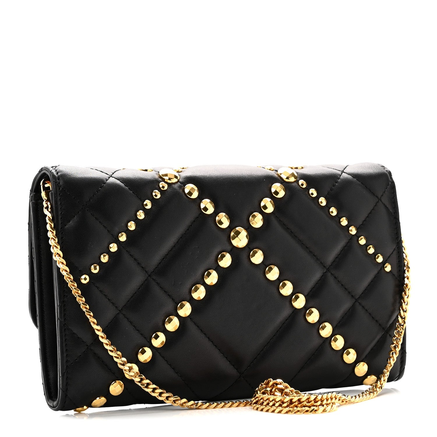 Lambskin Studded Quilted Medusa Wallet on Chain Crossbody Black Gold