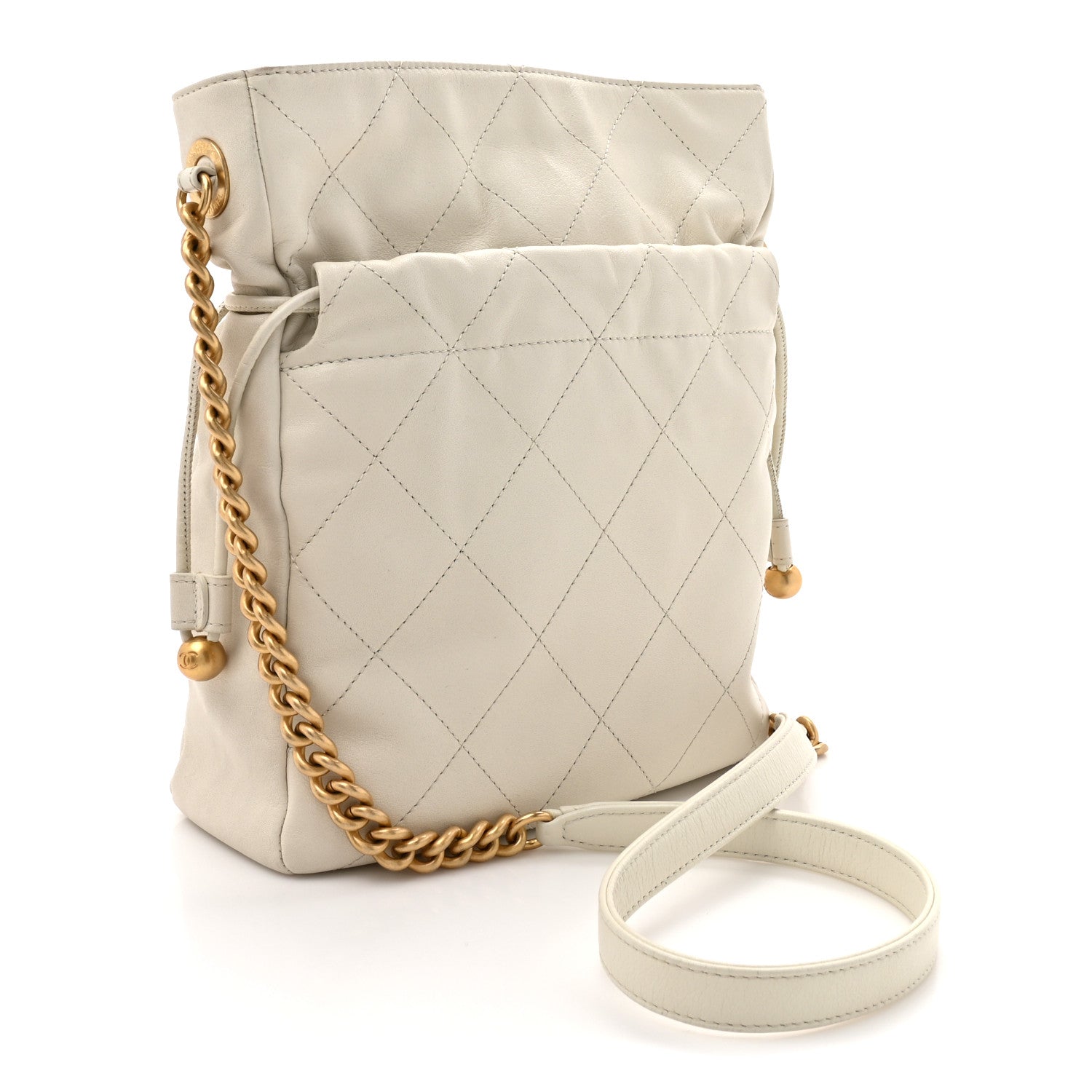 Calfskin Quilted Drawstring Bucket Bag White