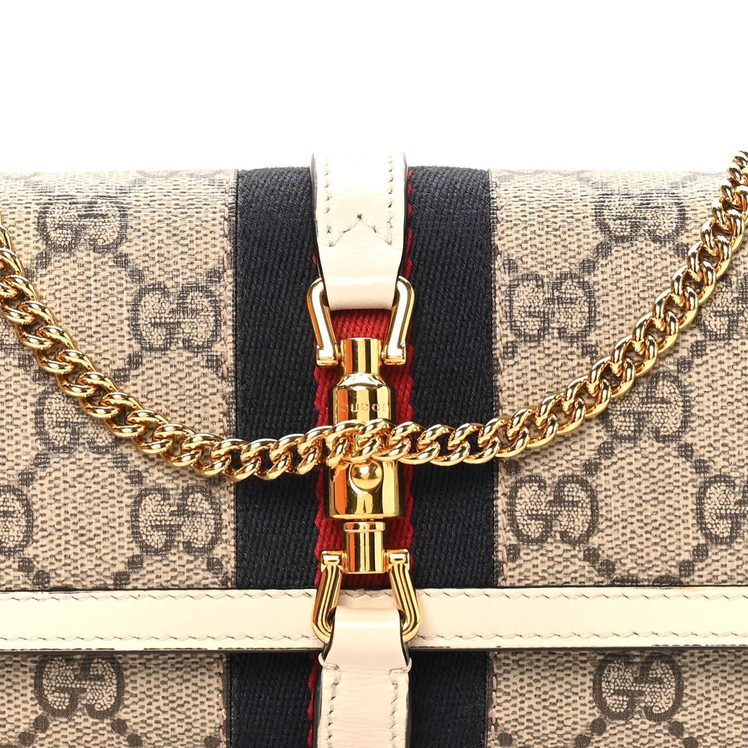 GG Supreme Monogram Textured Calfskin Web Jackie 1961 Chain Wallet Beige Ebony Mystic White