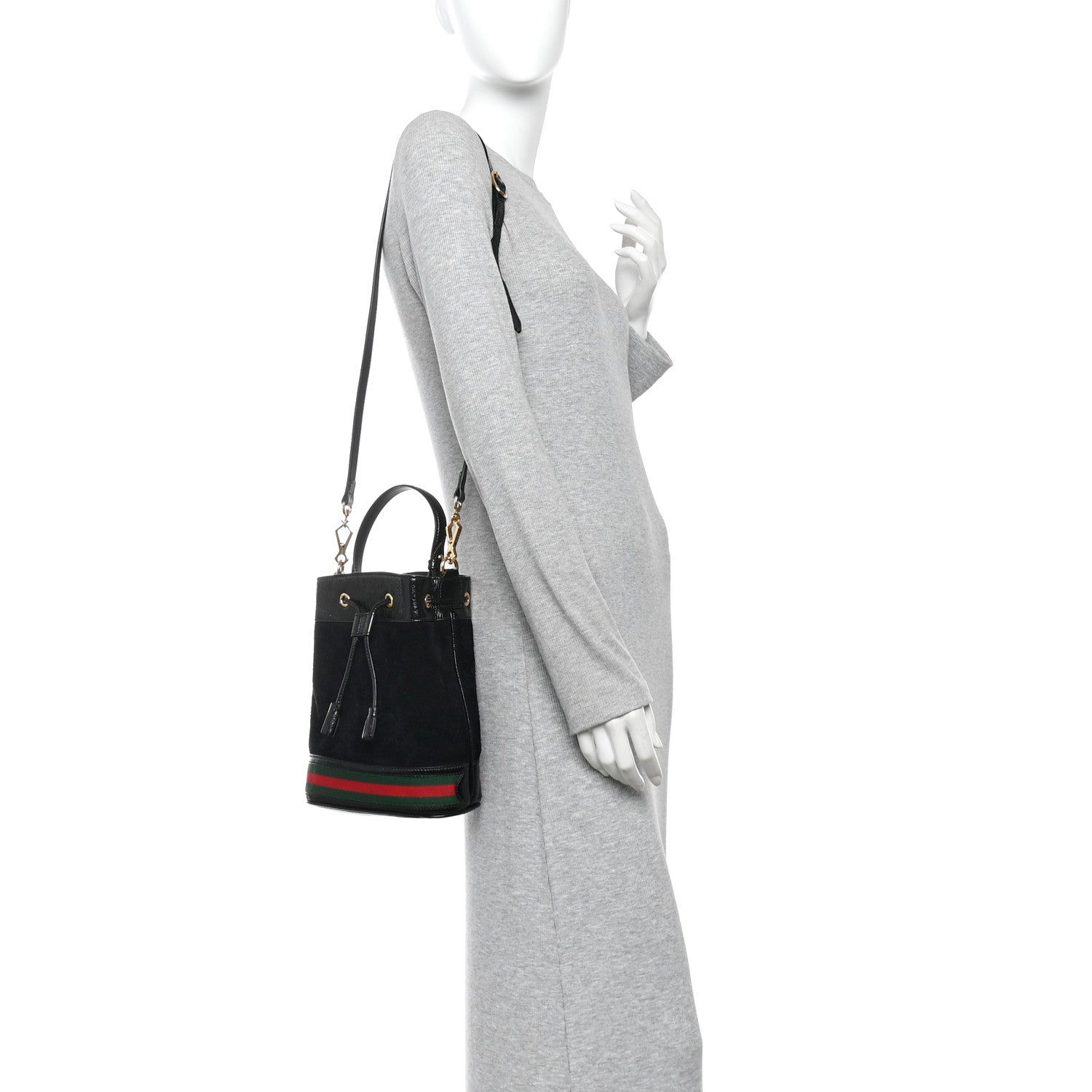 Suede Patent Web Small Ophidia Bucket Bag Black