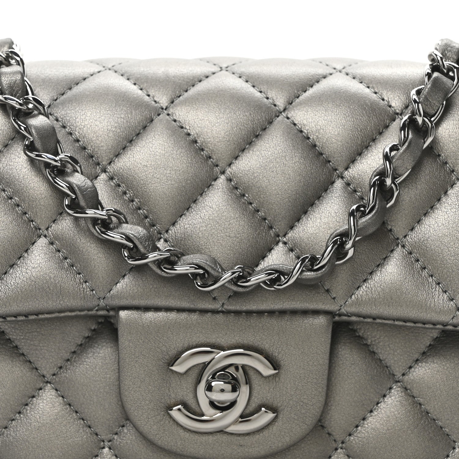 Metallic Lambskin Quilted Mini Rectangular Flap Dark Grey