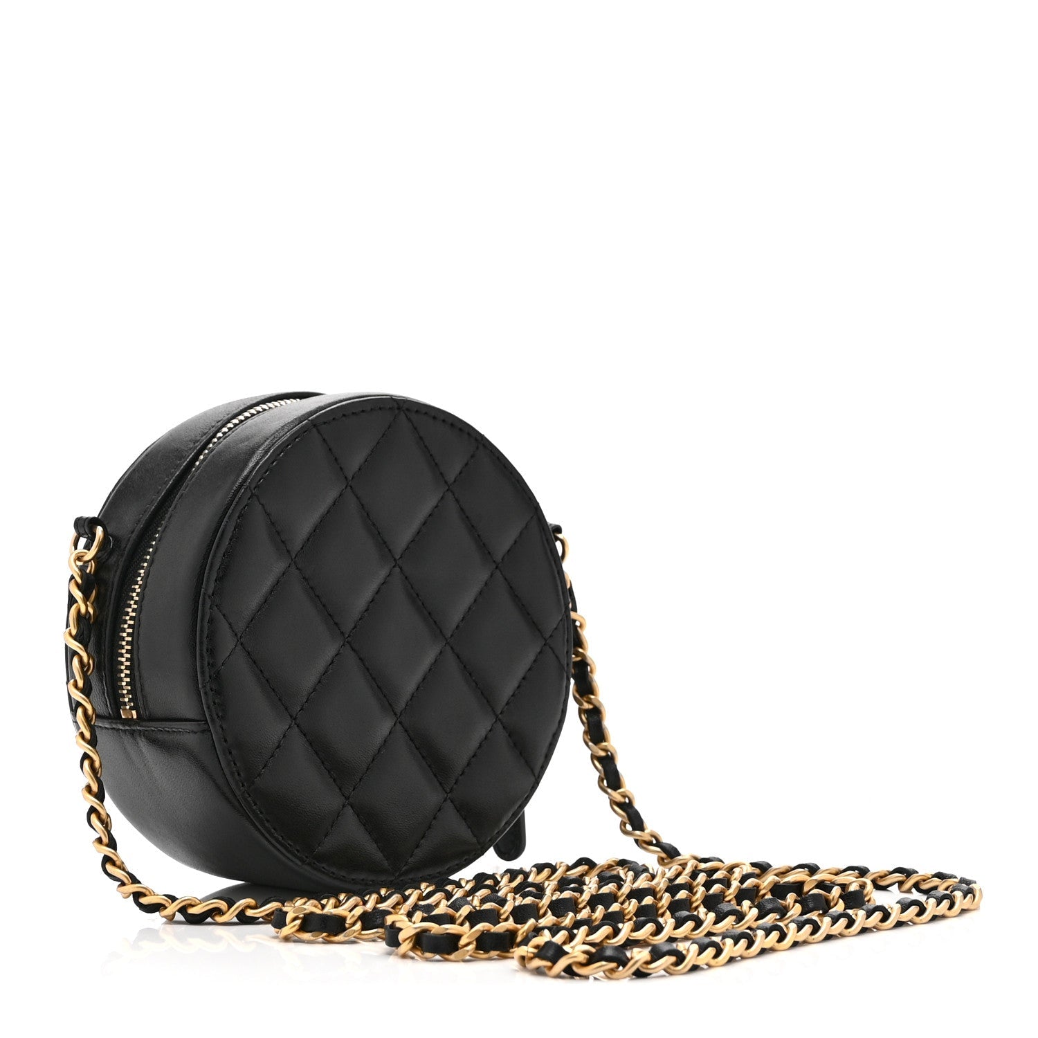 Lambskin Quilted Egyptian Amulet Round Clutch With Chain Black