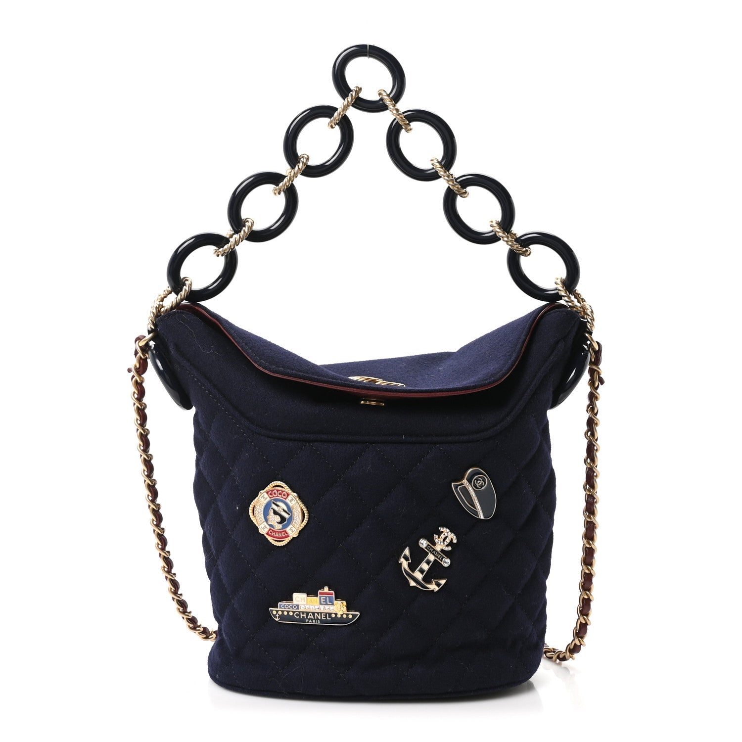 Wool Lambskin Quilted Paris Hamburg Charms Bucket Bag Dark Navy