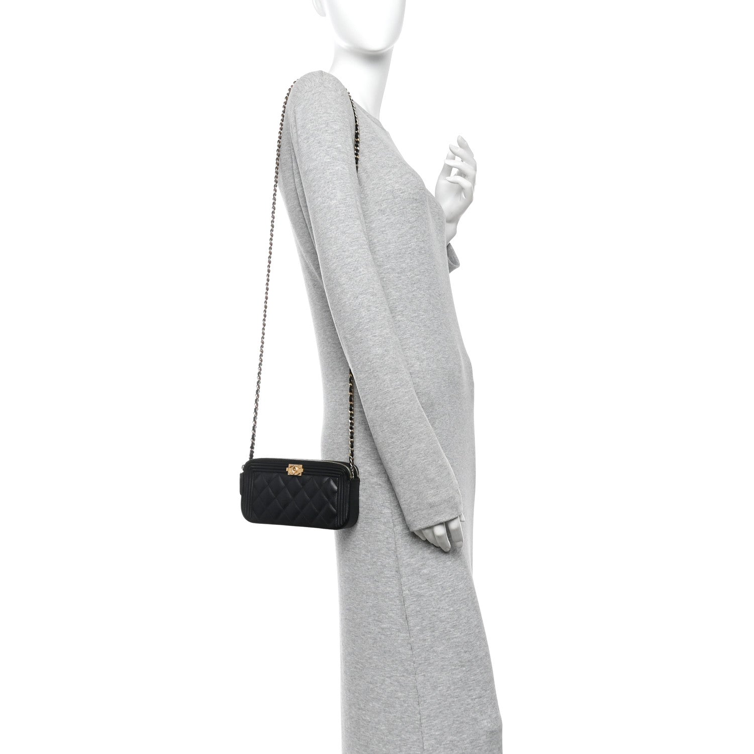 Lambskin Quilted Small Boy Clutch With Chain Black