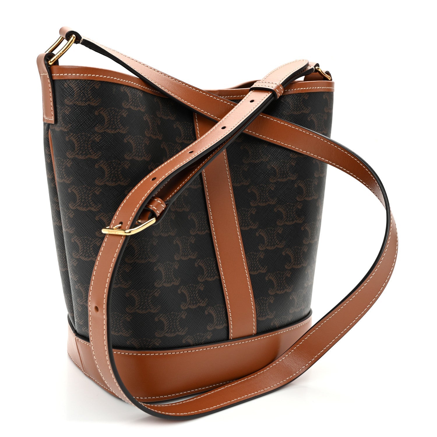 Triomphe Canvas Calfskin Small Bucket Bag Tan