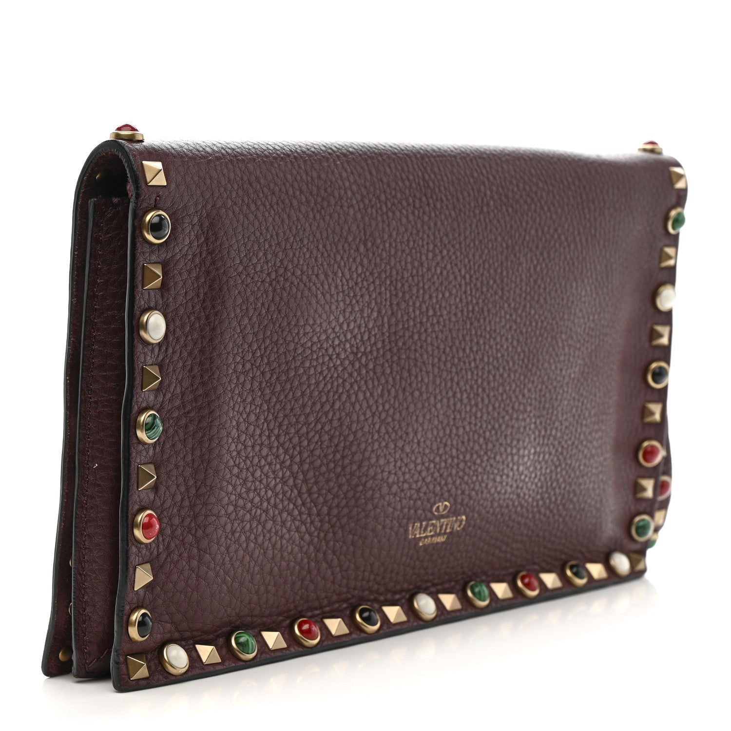 Pebbled Calfskin Rockstud Rolling Wristlet Clutch Rubin