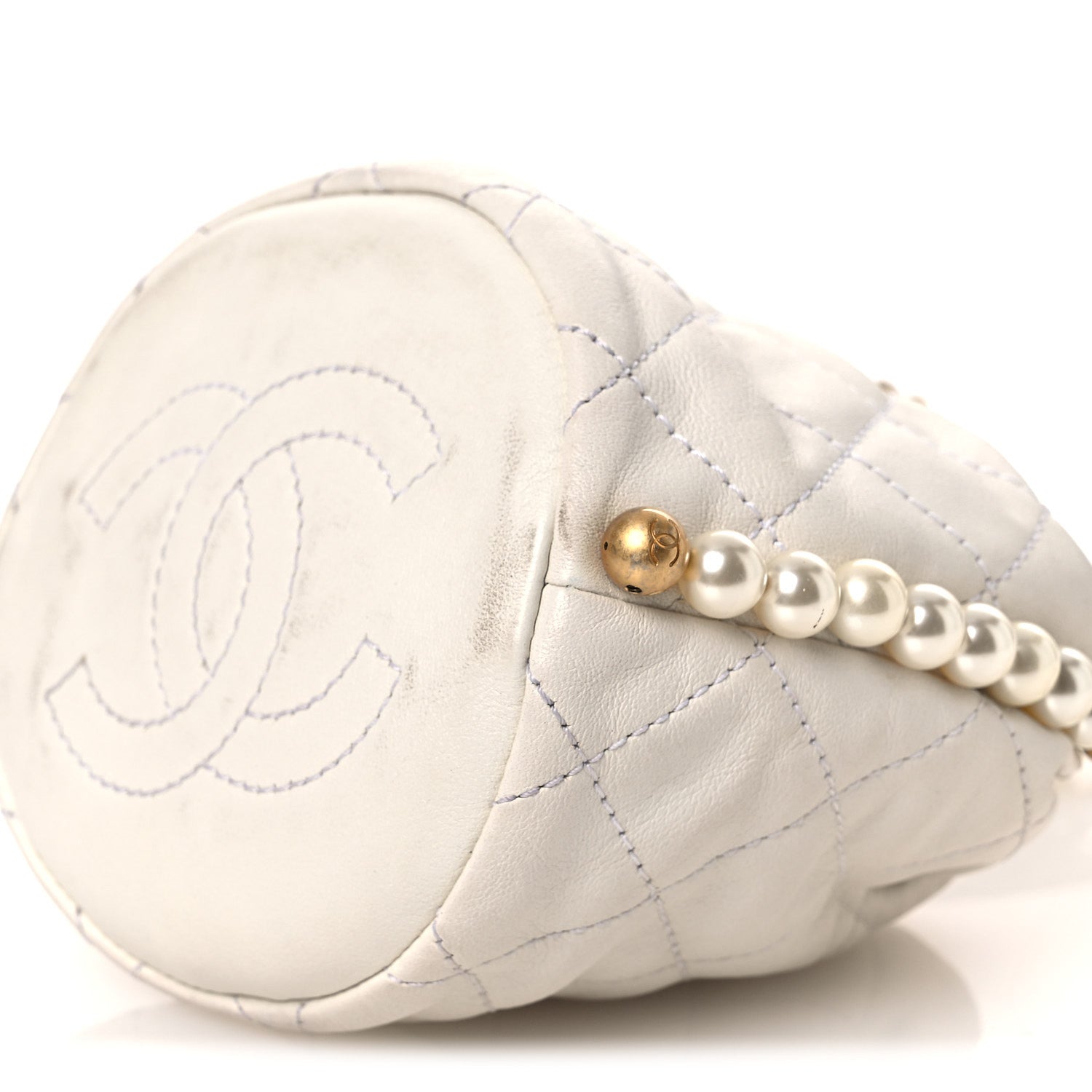 Calfskin Quilted Pearl Mini About Pearls Drawstring Bucket Bag White