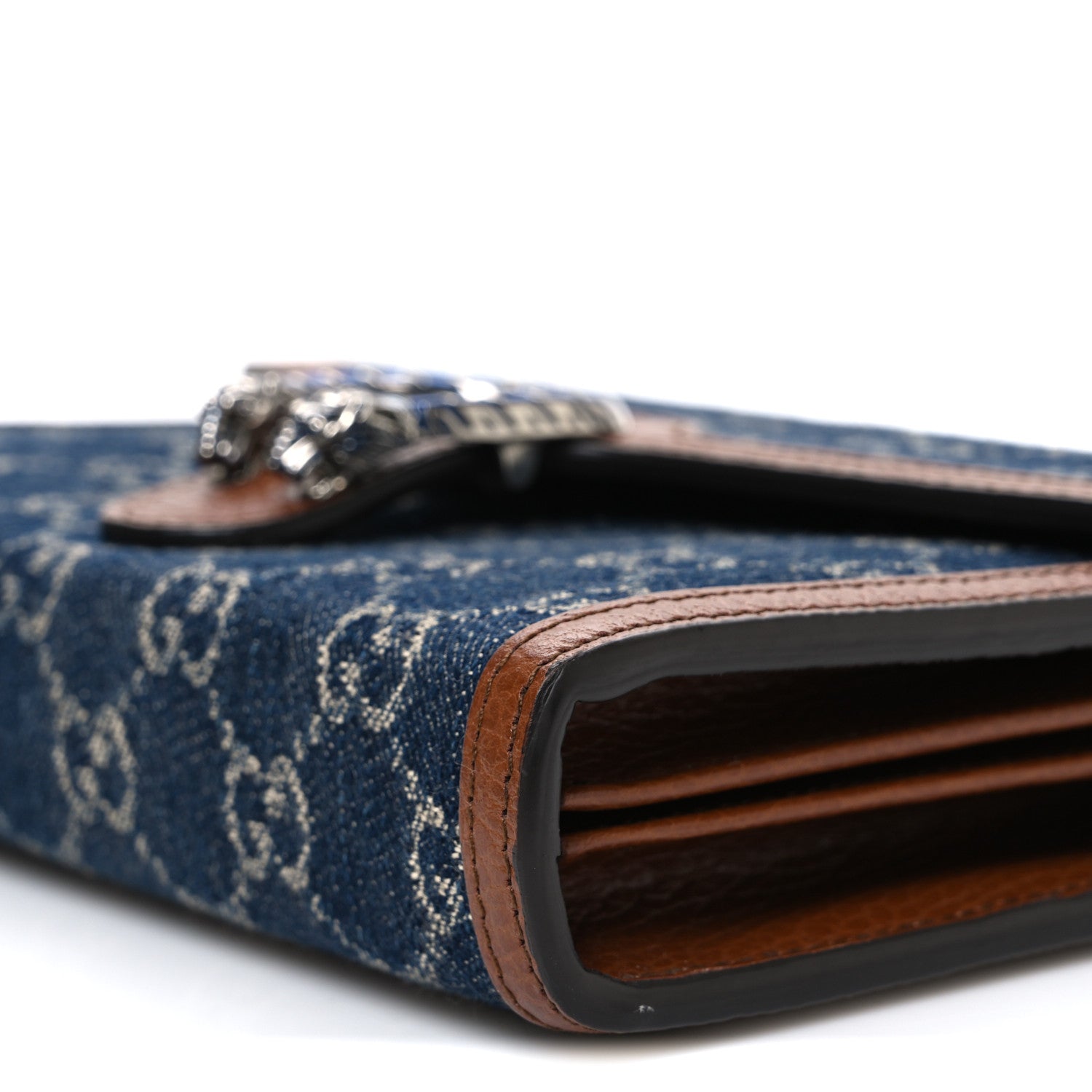 New Denim GG Monogram Dollar Calfskin Enamel Mini Dionysus Chain Wallet Blue Tea Cuir Epilog Electric Blue