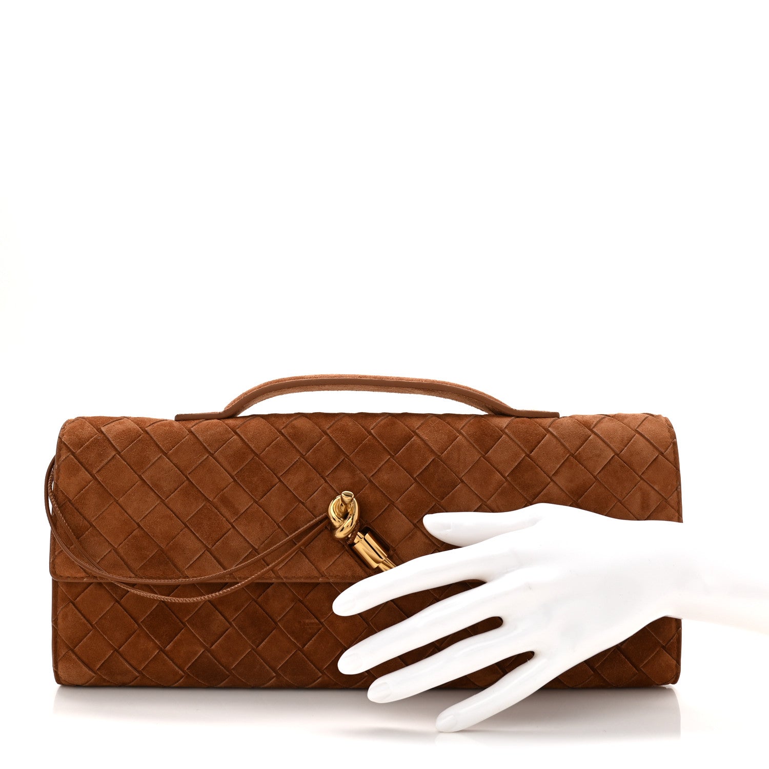 Suede Intrecciato Long Andiamo Top Handle Clutch Amber