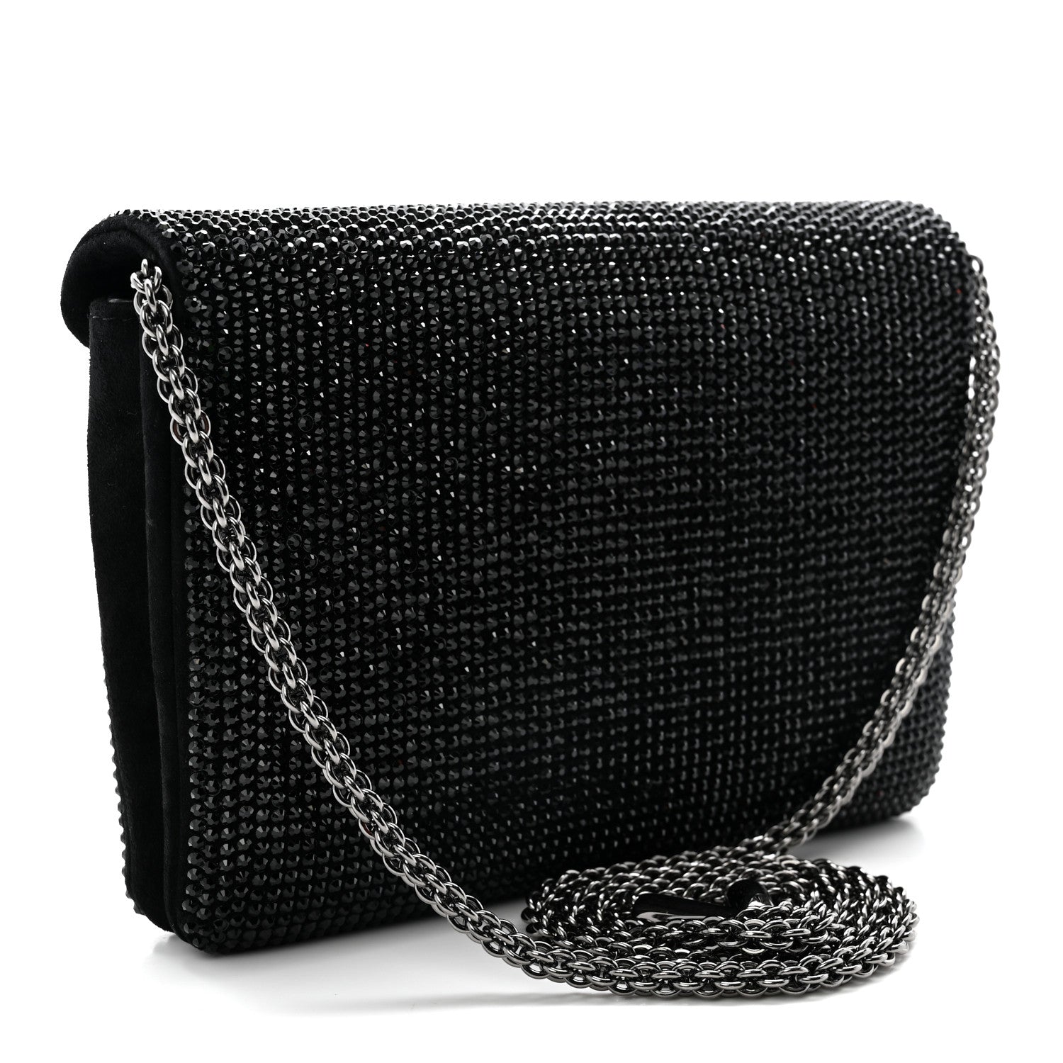 Crystal Suede Embellished Small One Stud Clutch With Chain Black