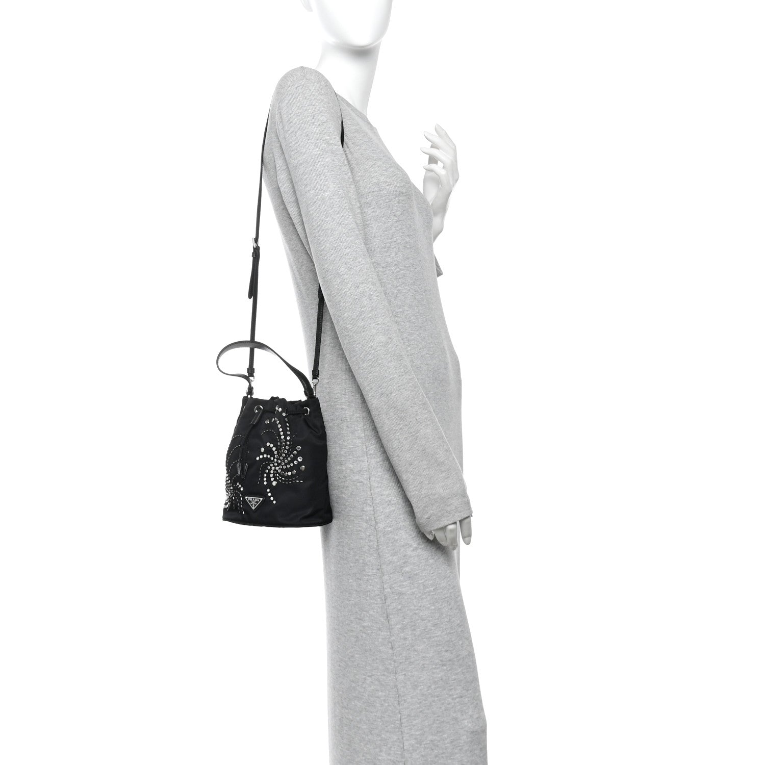 Tessuto Saffiano Ricamo Sequin Crystal Embellished Mini Re-Edition 1978 Bucket Bag Black