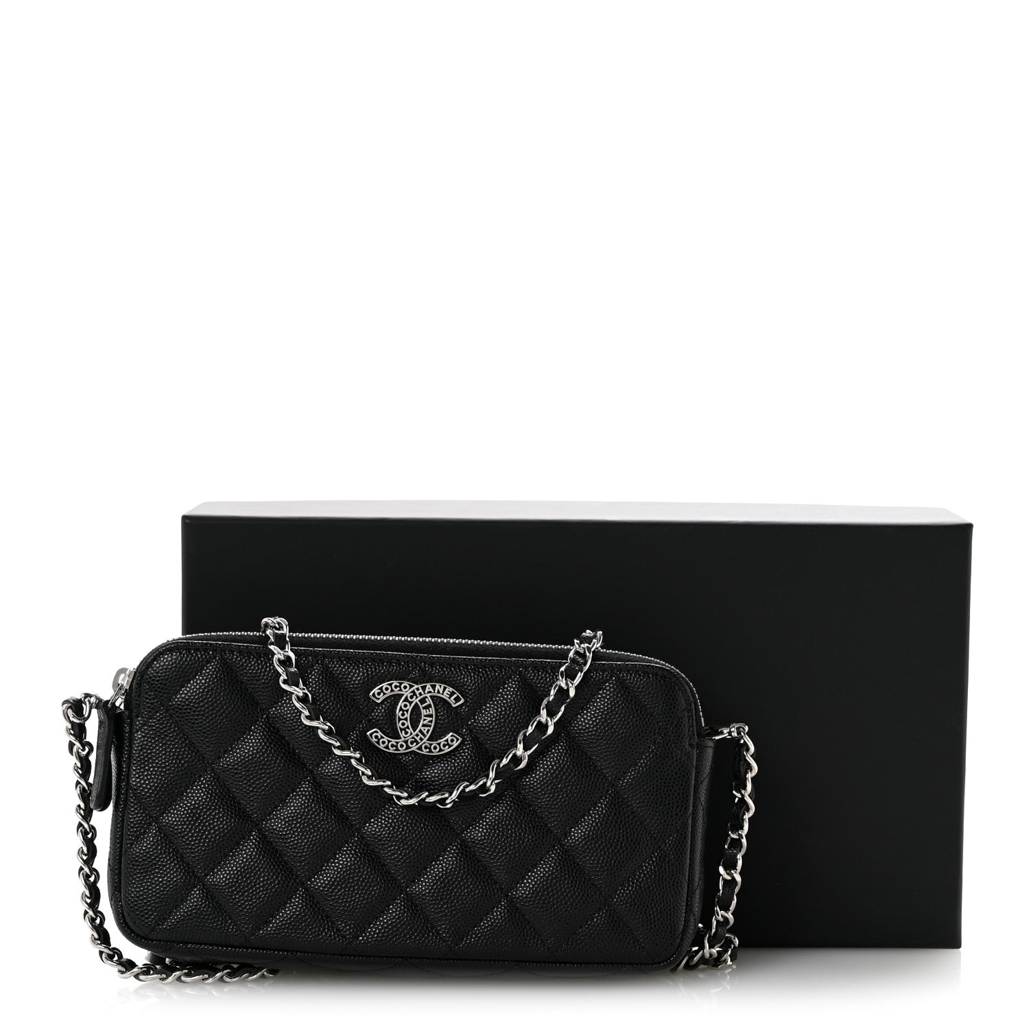 Caviar Quilted Logo Small Clutch With Chain Black