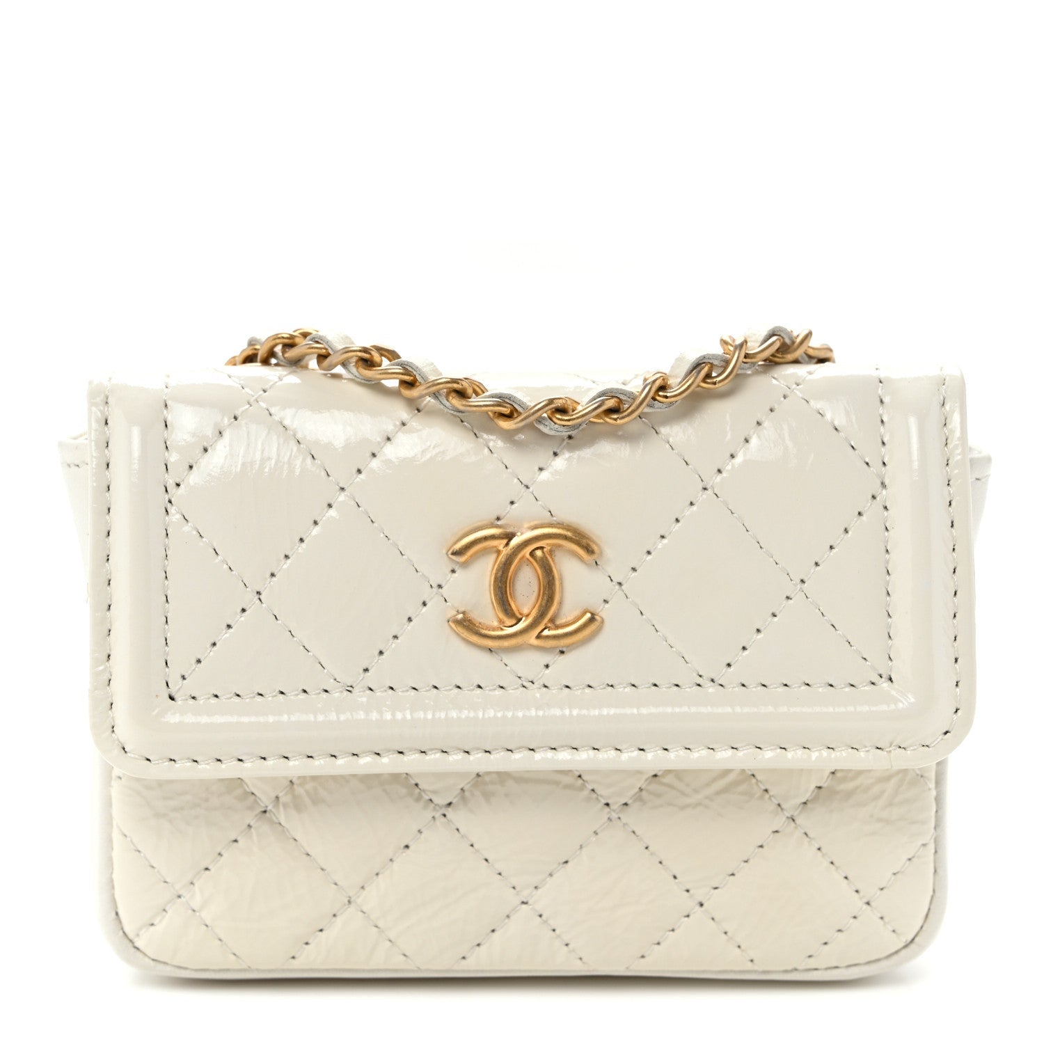 Shiny Aged Calfskin Quilted Waist Belt Bag White