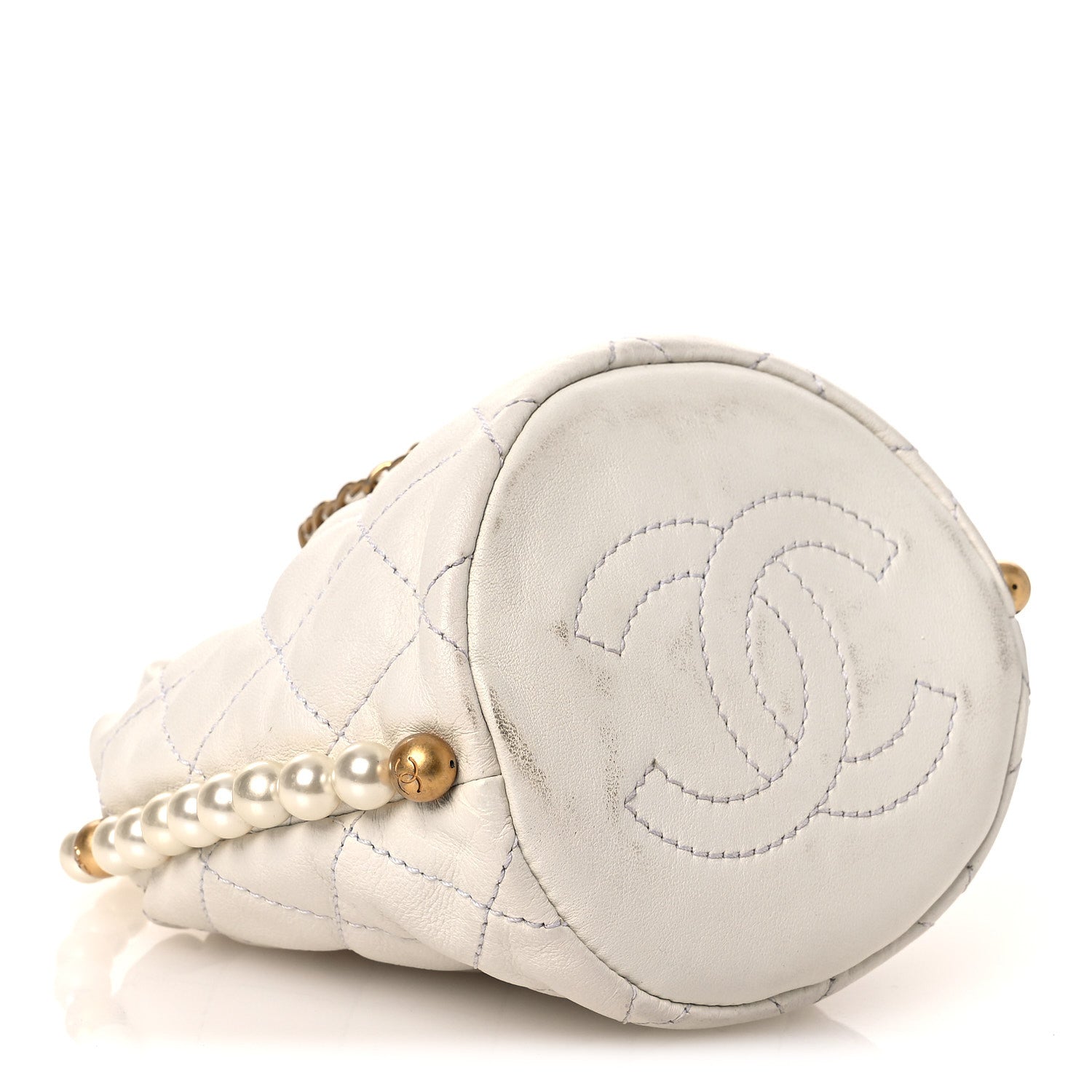 Calfskin Quilted Pearl Mini About Pearls Drawstring Bucket Bag White