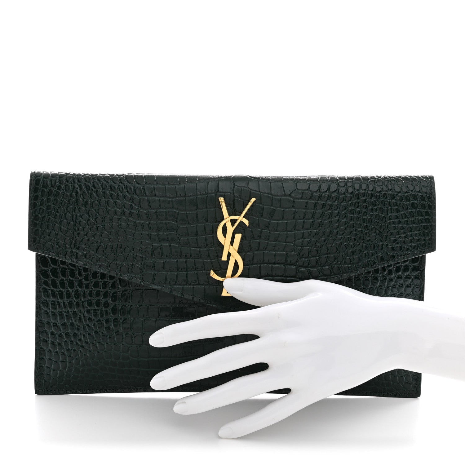 Calfskin Crocodile Embossed Uptown Monogram Clutch Dark Green