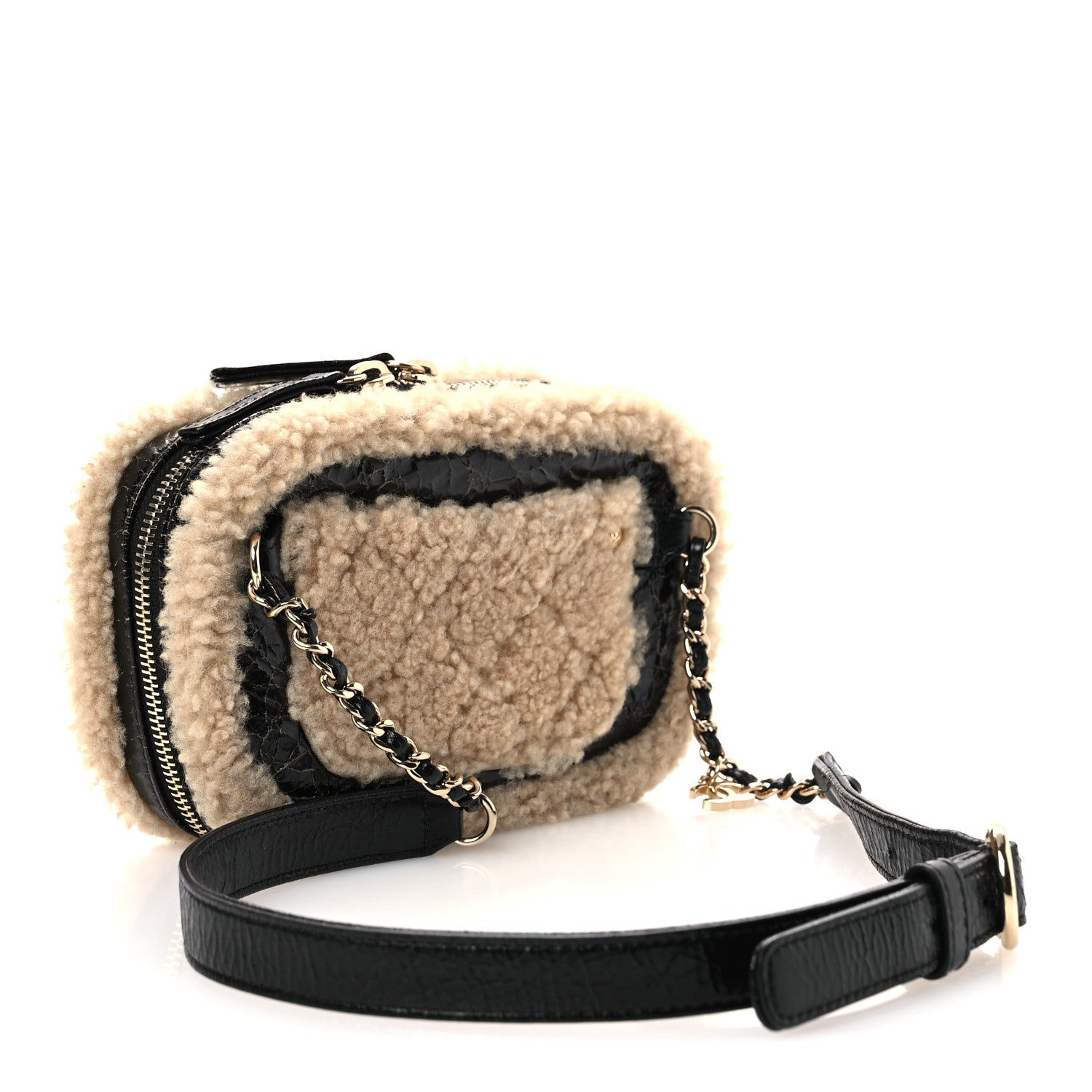 Shiny Crumpled Sheepskin Shearling Waist Bag Black Beige