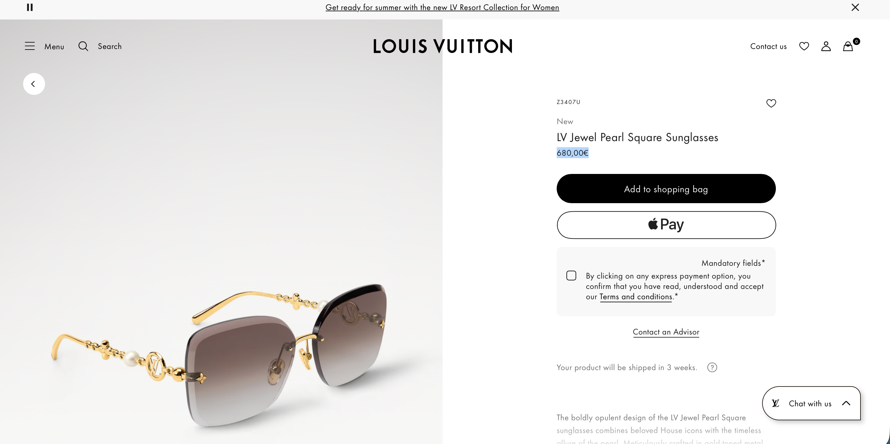 Louis Vuitton Z3407U LV Jewel Pearl Square Sunglasses ✨