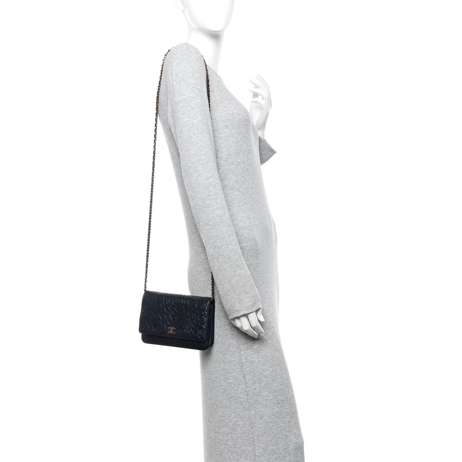 Metallic Lambskin Camellia Embossed Wallet on Chain WOC Navy
