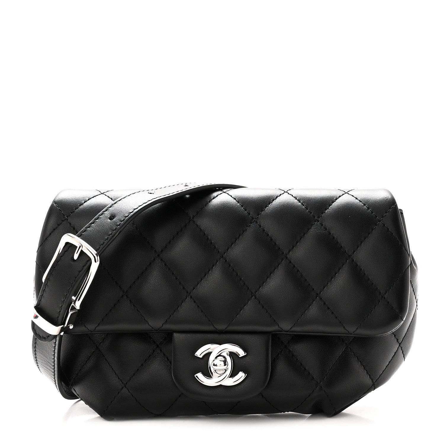 Calfskin Quilted CC Uniform Flap Belt Bag Black