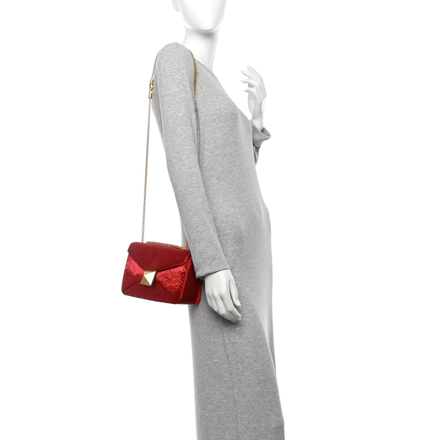 Nappa Beaded One Stud Chain Clutch Red
