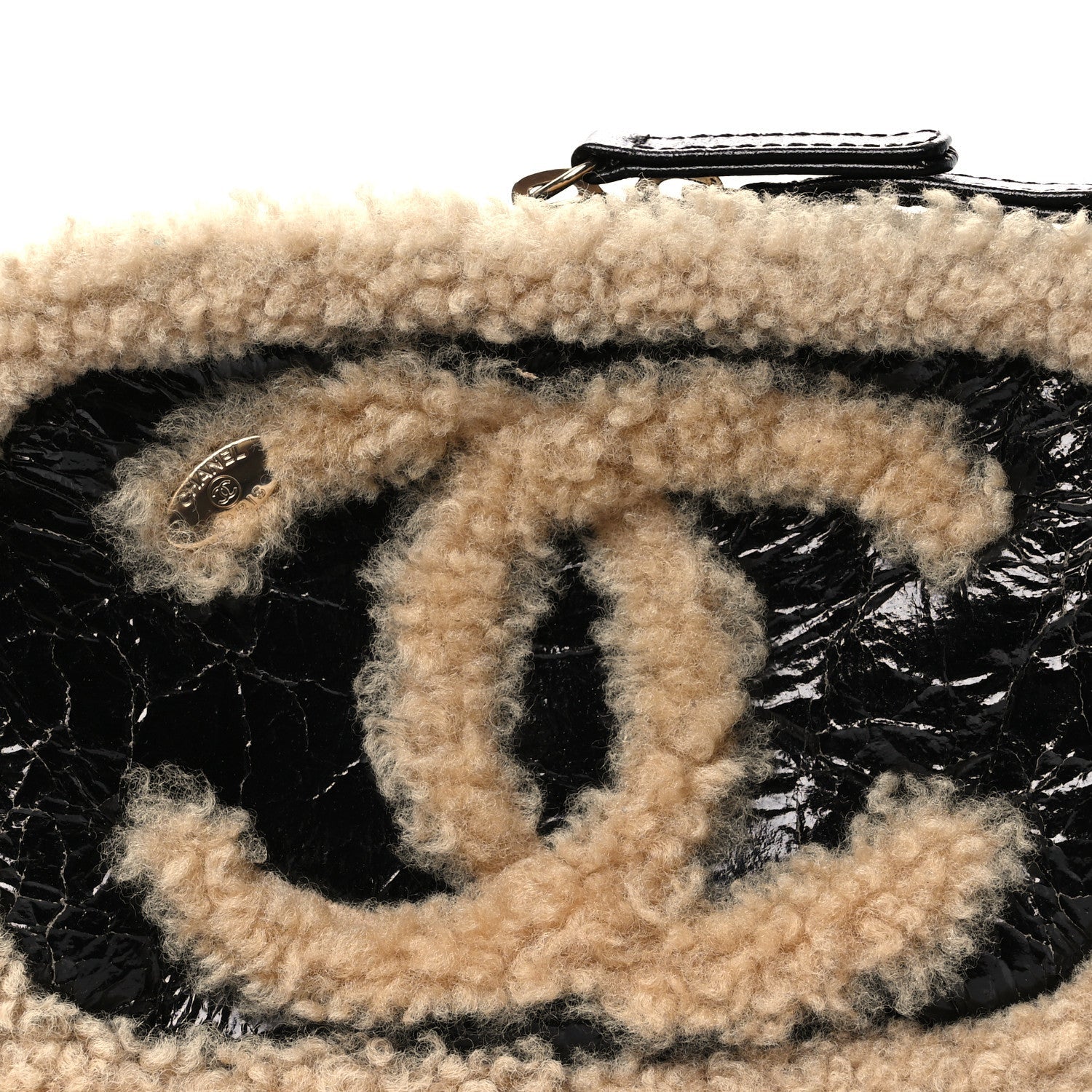 Shiny Crumpled Sheepskin Shearling Waist Bag Black Beige