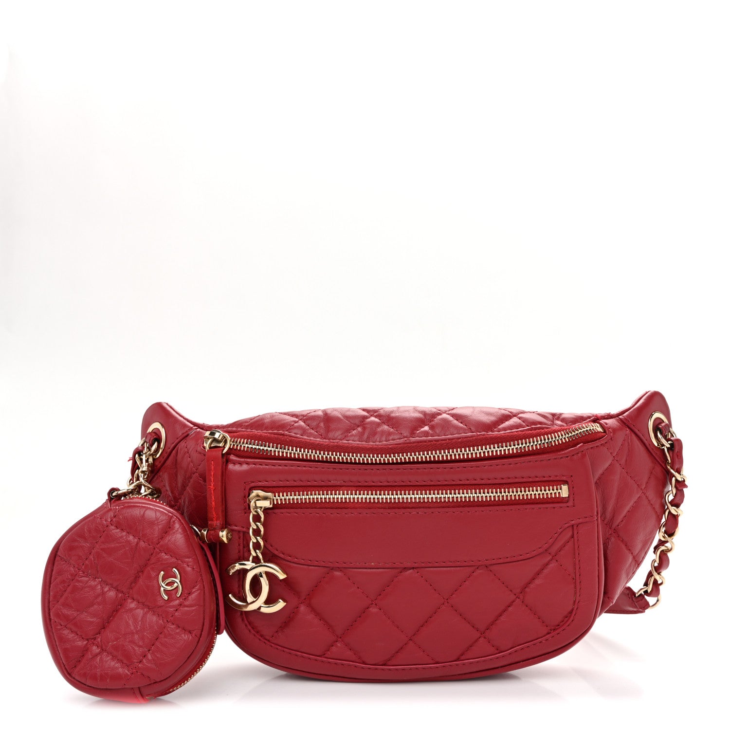 Aged Calfskin Quilted Waist Bag With Coin Purse Red