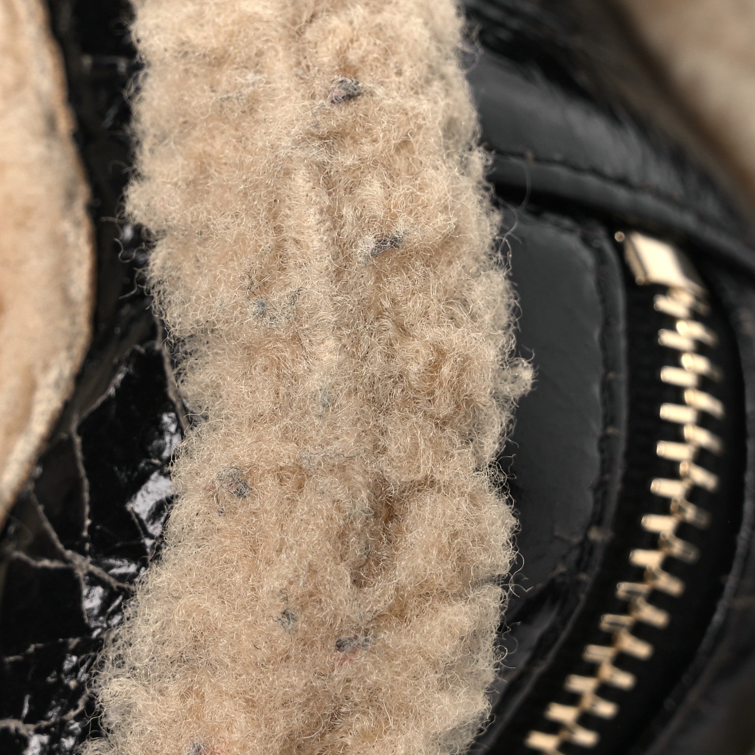 Shiny Crumpled Sheepskin Shearling Waist Bag Black Beige