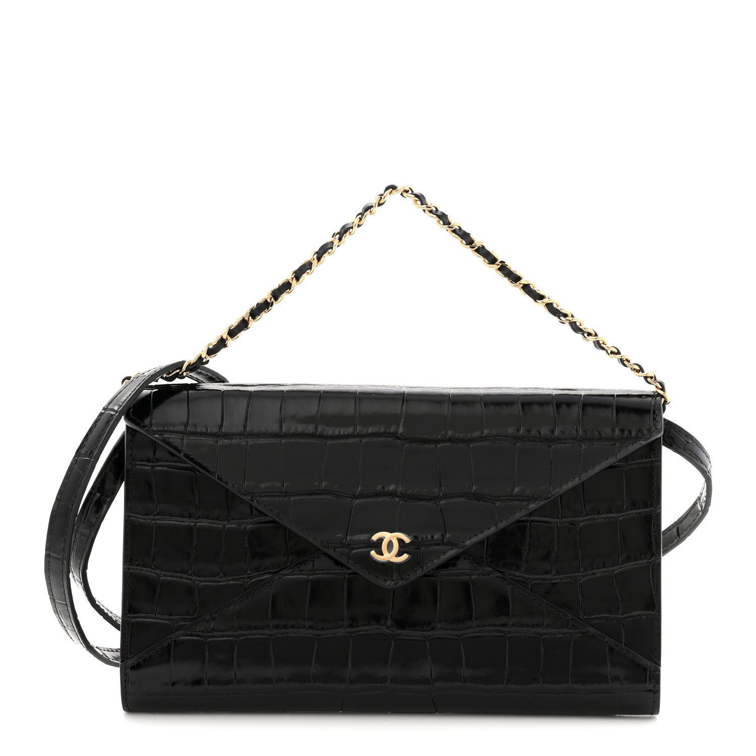 Calfskin Crocodile Embossed Clutch With Chain Black
