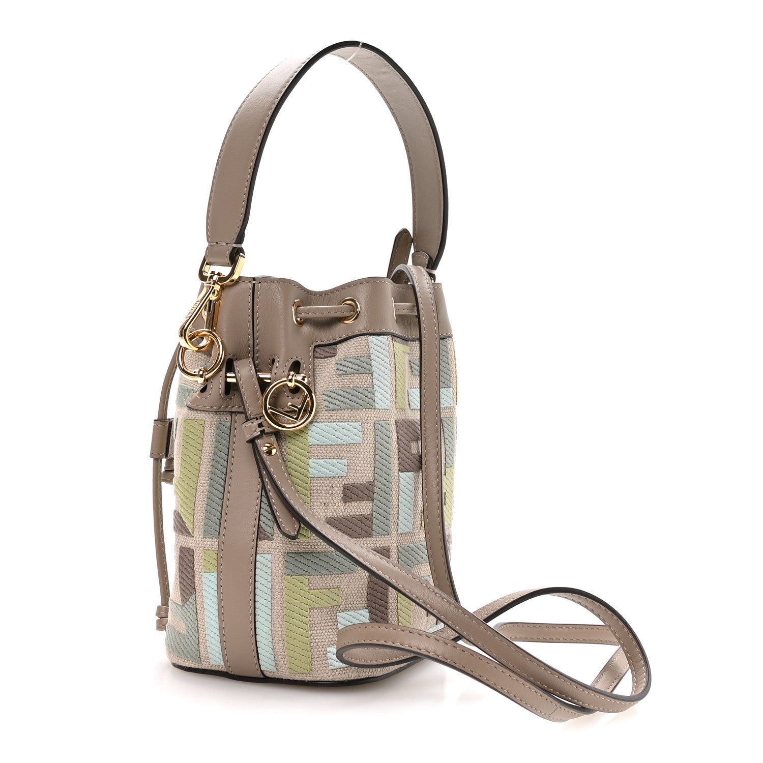 Canvas Vitello King FF Embroidered Mini Mon Tresor Bucket Bag Matcha Milk Dove