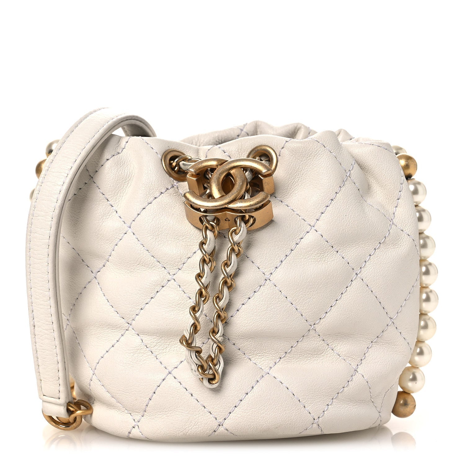 Calfskin Quilted Pearl Mini About Pearls Drawstring Bucket Bag White