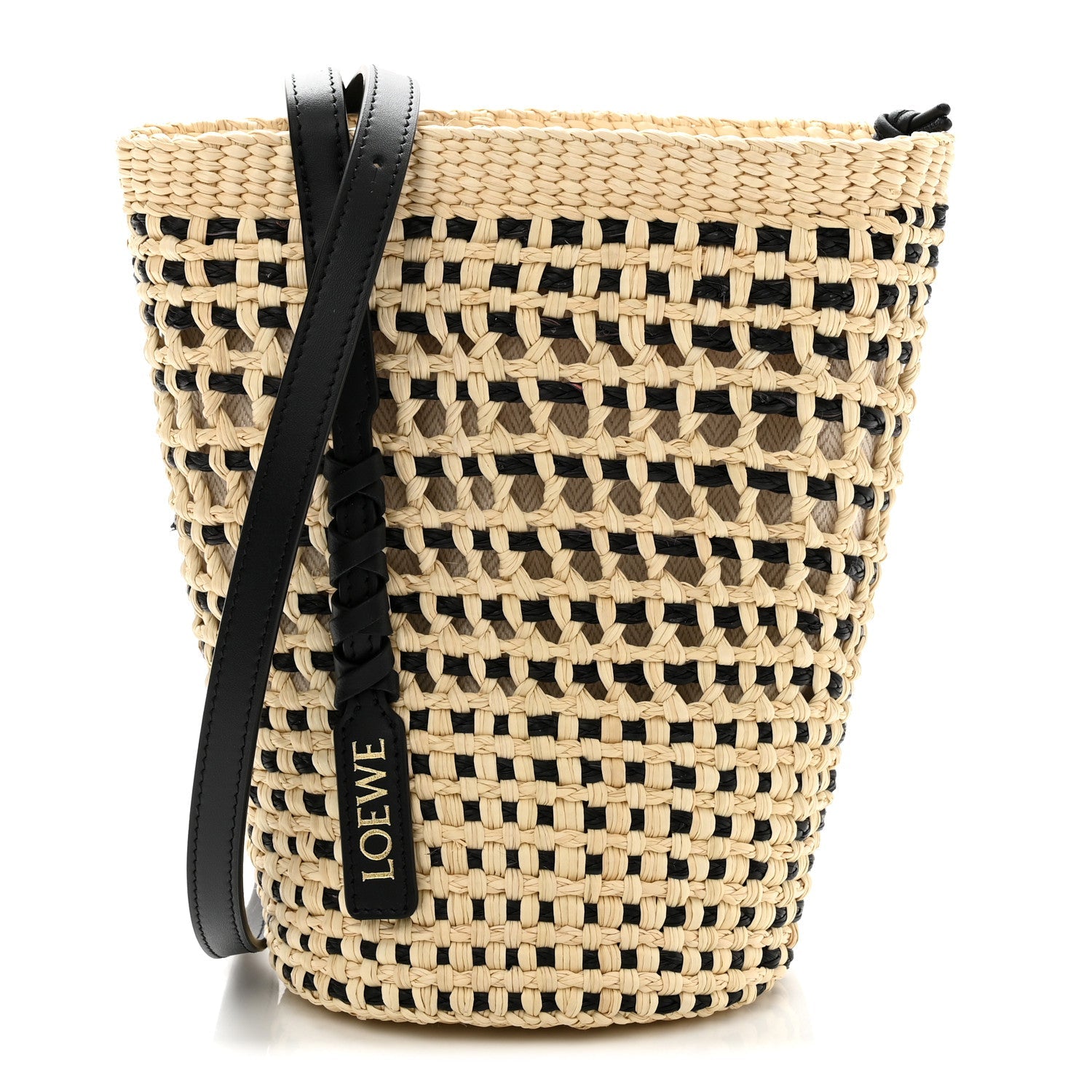 Calfskin Raffia Paulas Ibiza Bucket Bag Natural Black