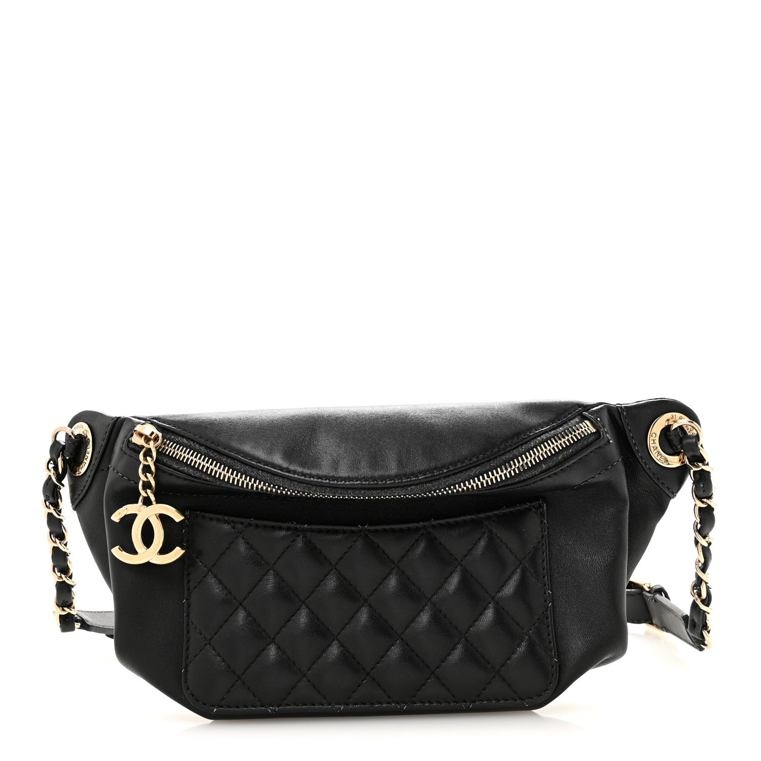 Lambskin Quilted Waist Bag Fanny Pack Black