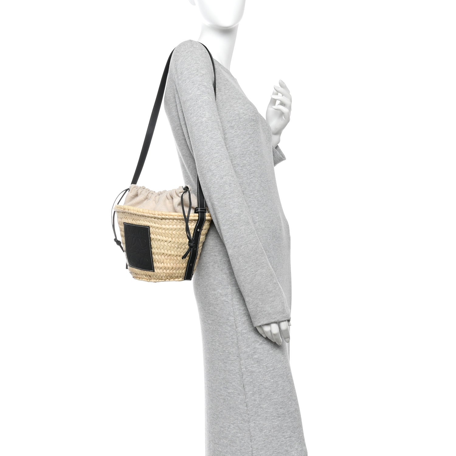 Leaf Palm Calfskin Drawstring Bucket Bag Natural Black