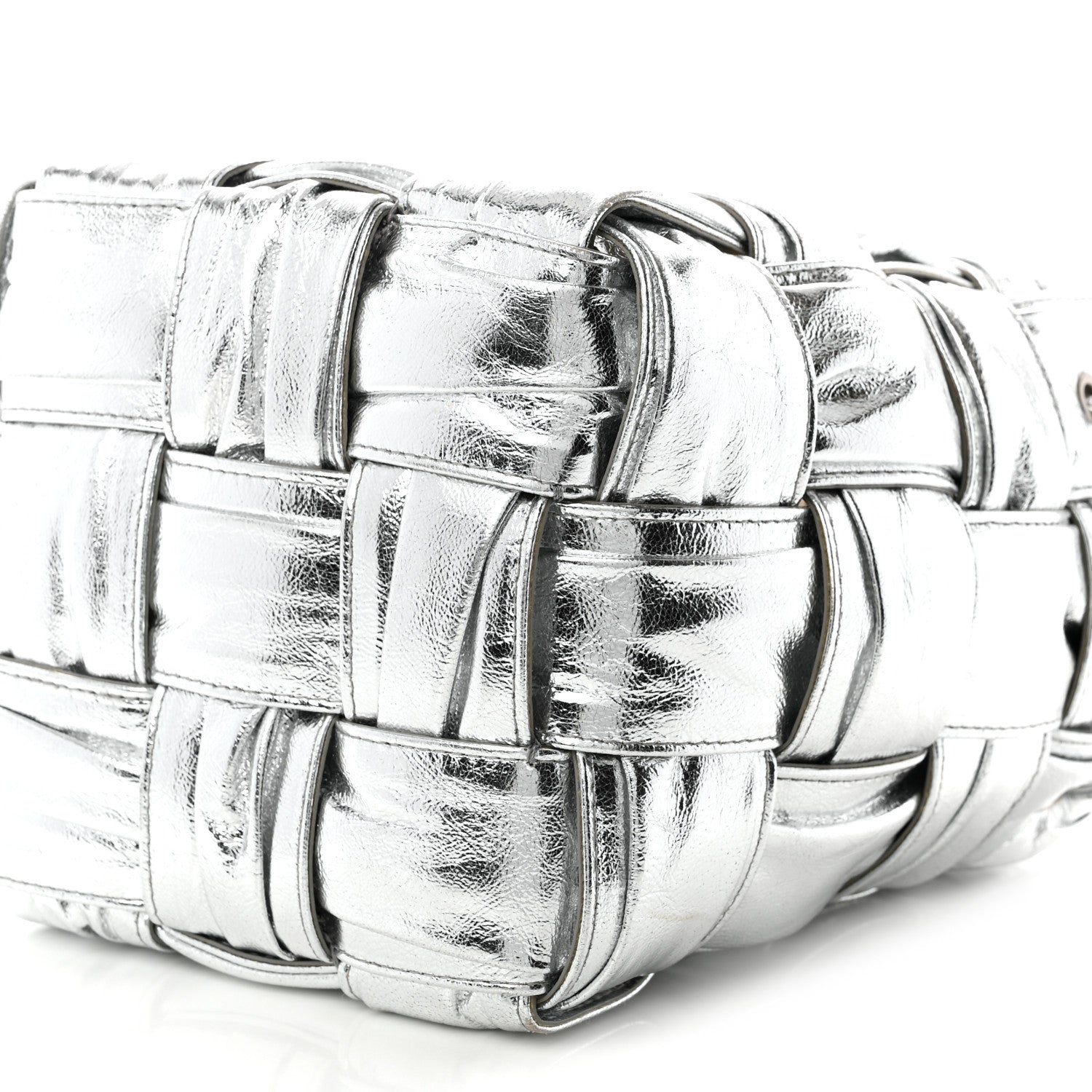 Metallic Calfskin Intrecciato Foulard Bucket Bag Silver